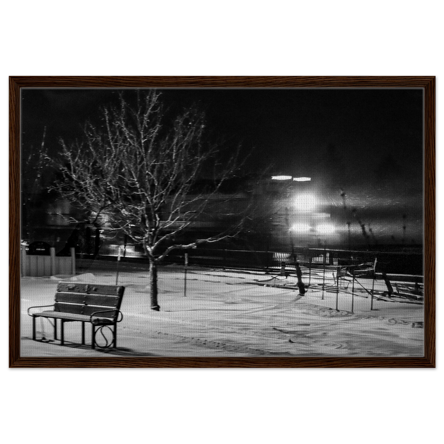 Train Passes a Wintery Park; Livingston, Montana Black & White Framed Canvas Prints