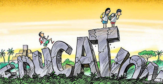 Graphic of students standing on the word education representing school systems.
