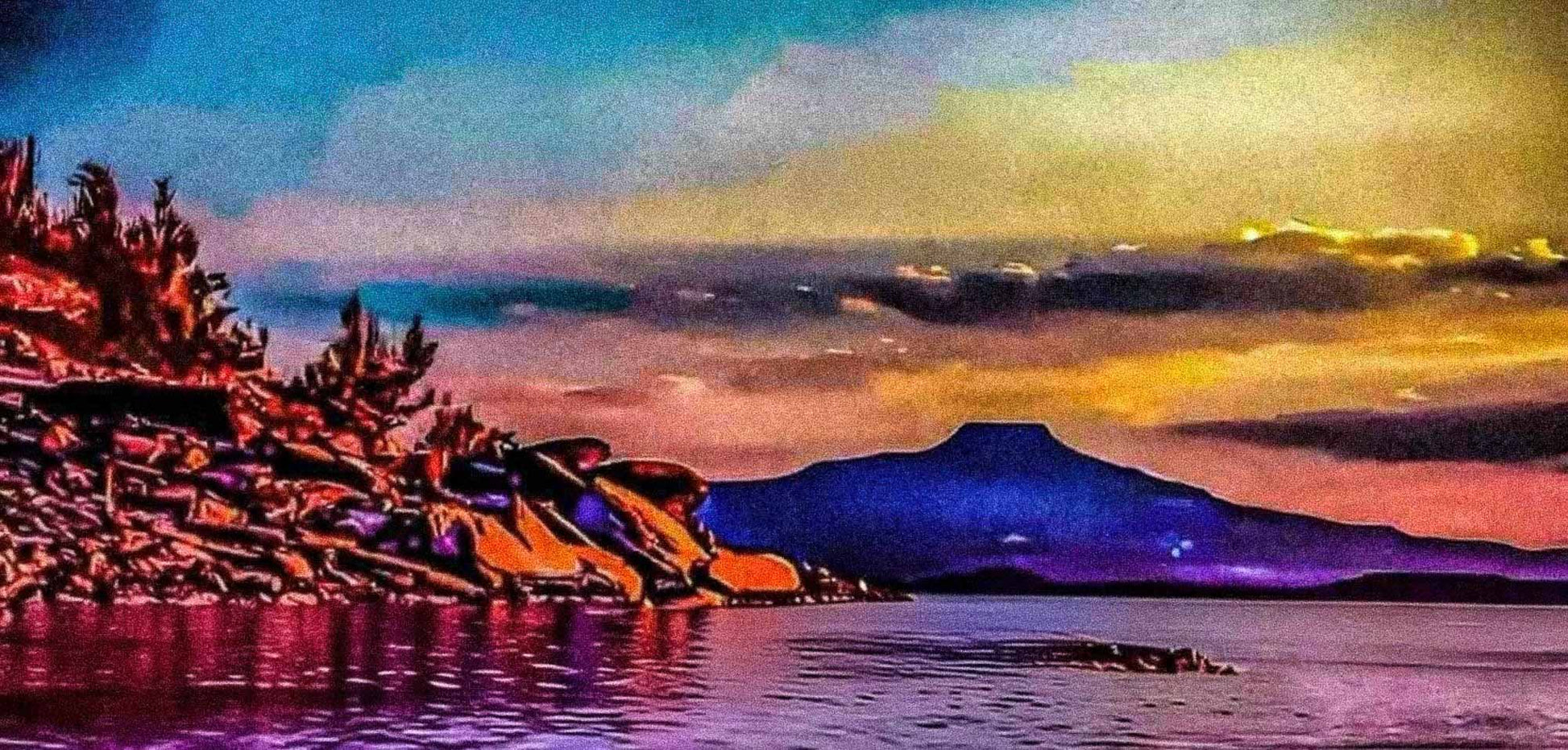 Landscape with mountains, trees, and a sunset over water