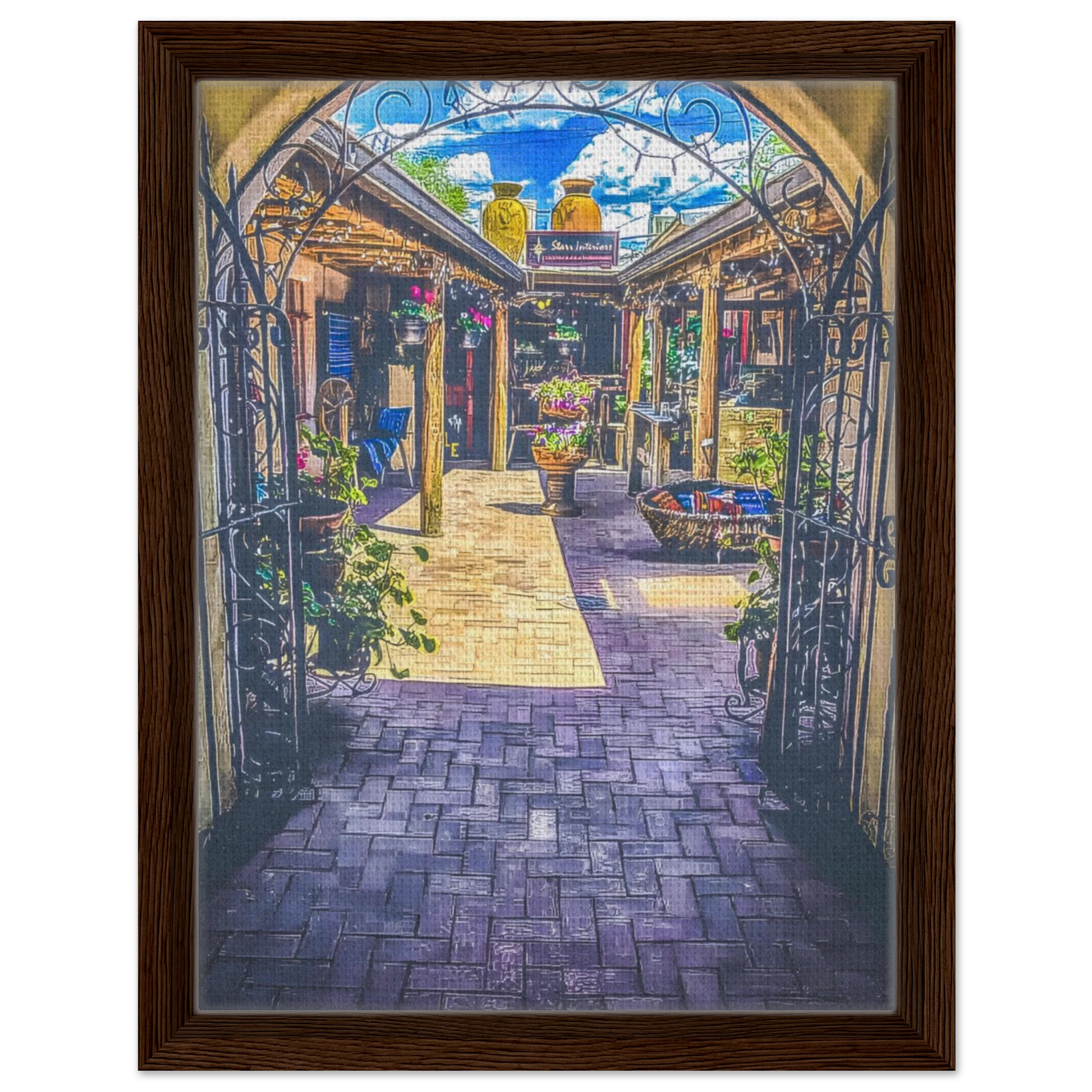 Adobe Courtyard; Taos, New Mexico Framed Canvas Prints