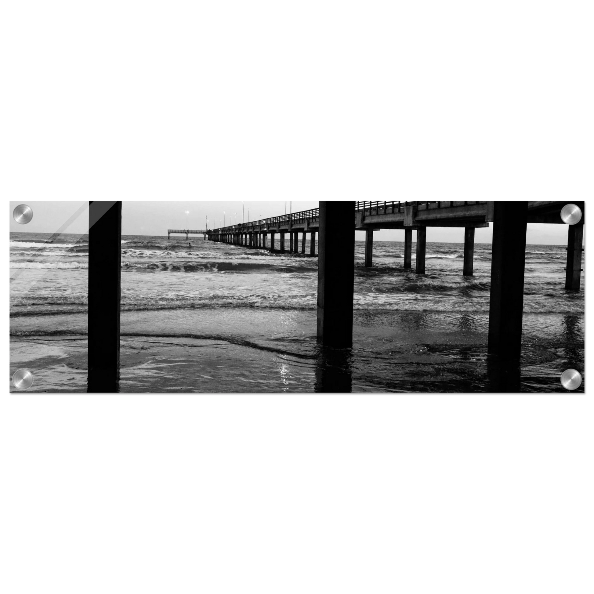 Columns of an Ocean Pier; Port Aransas, Texas Black & White Acrylic Wide Prints