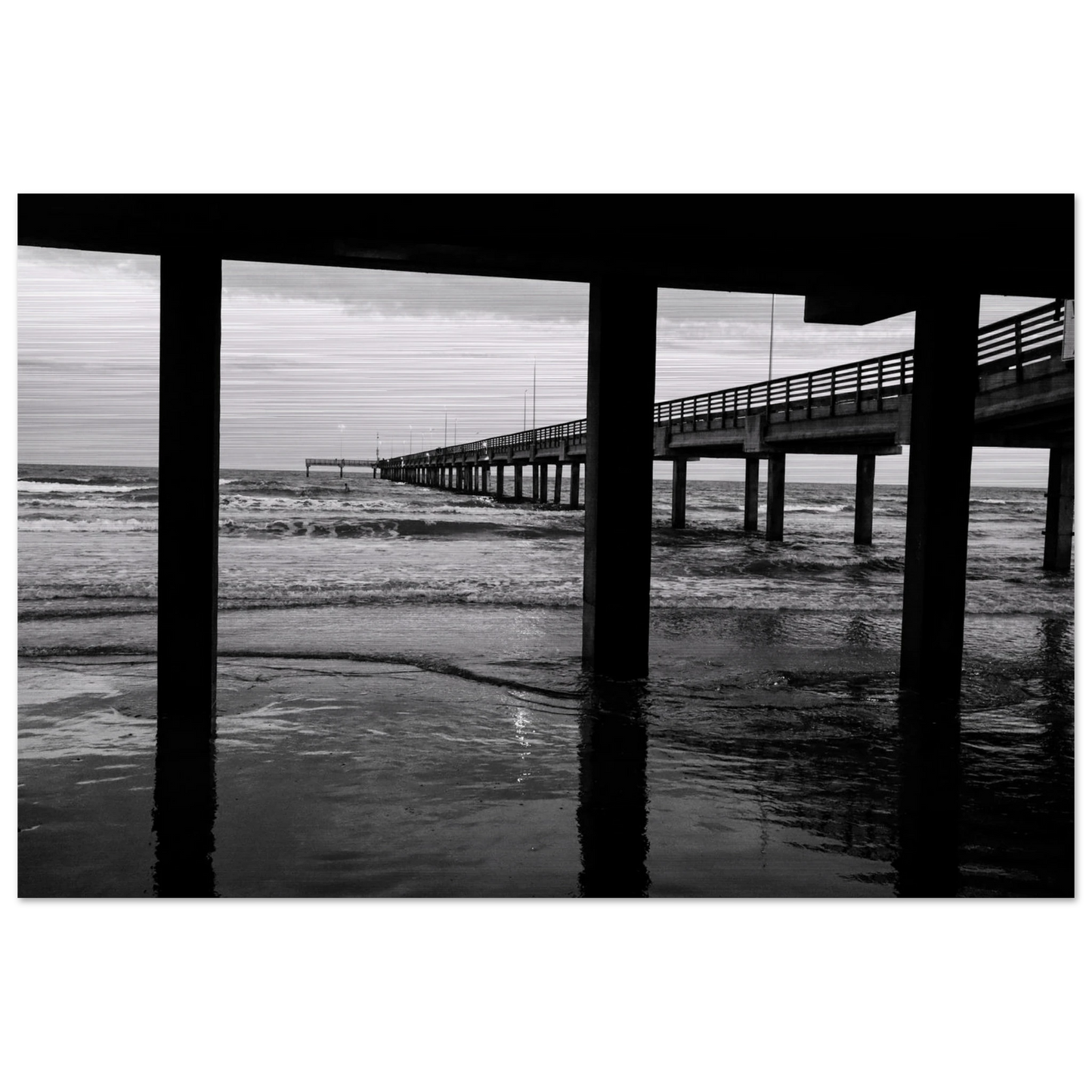 Columns of an Ocean Pier; Port Aransas, Texas Black & White Brushed Aluminum Prints