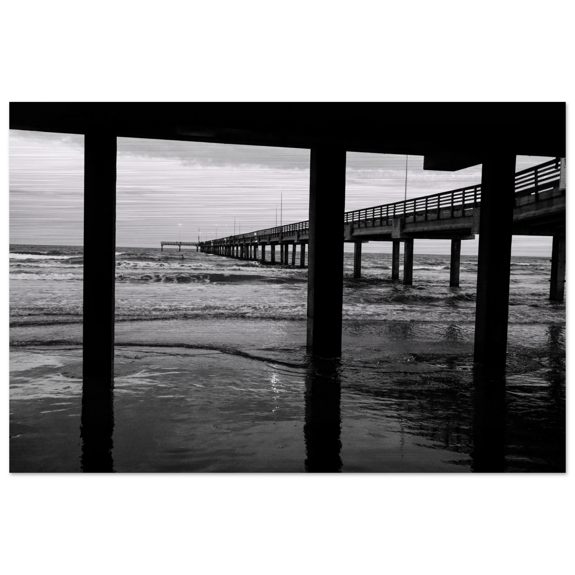 Columns of an Ocean Pier; Port Aransas, Texas Black & White Brushed Aluminum Prints