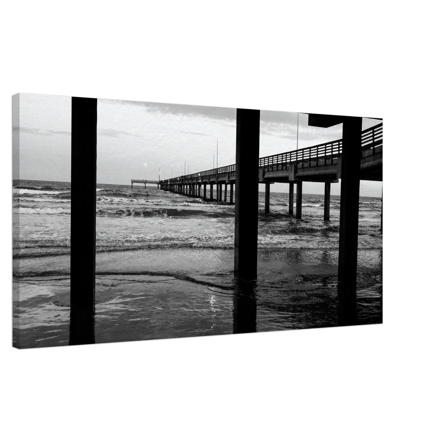 Columns of an Ocean Pier; Port Aransas, Texas Black & White Canvas Prints
