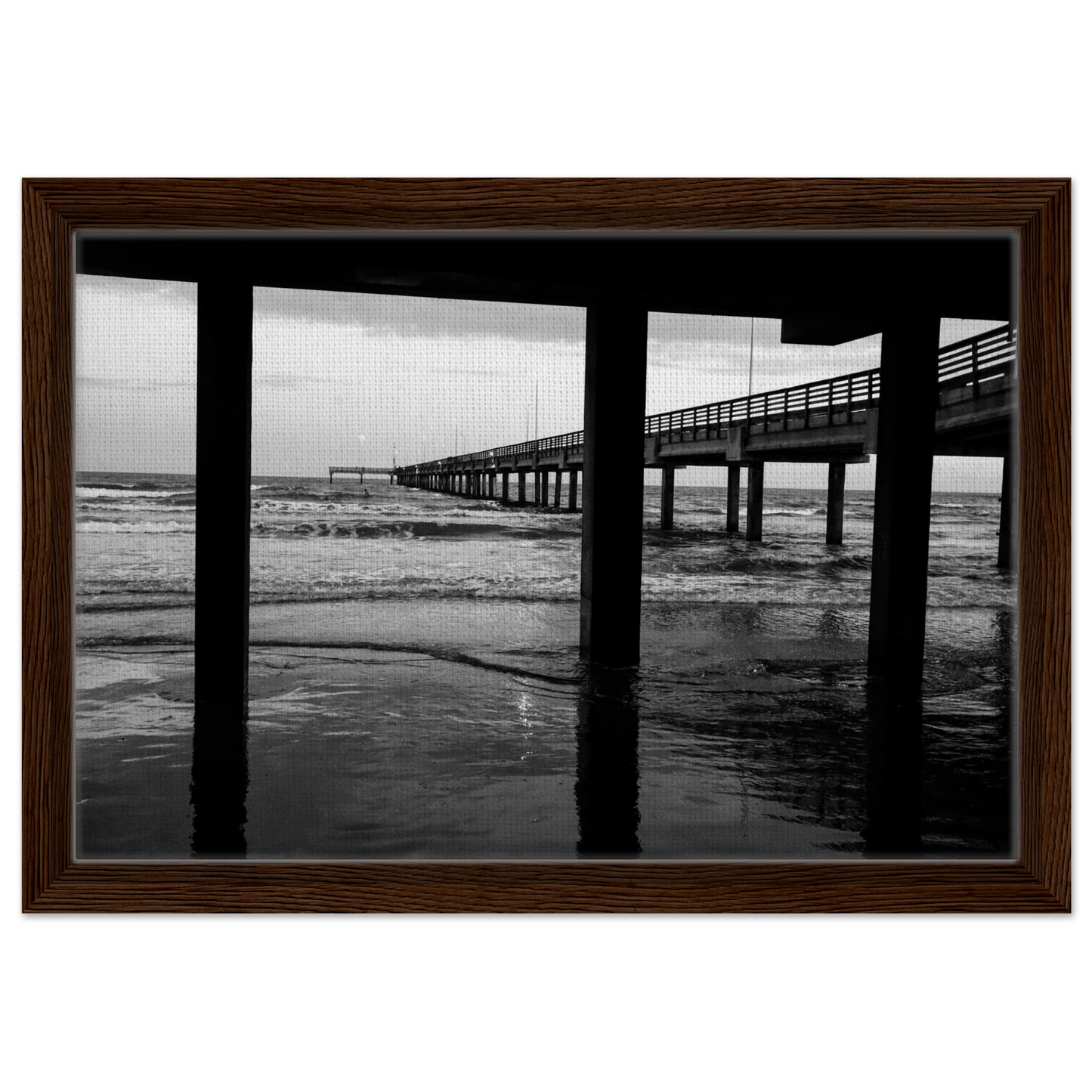 Columns of an Ocean Pier; Port Aransas, Texas Black & White Framed Framed Canvas Prints