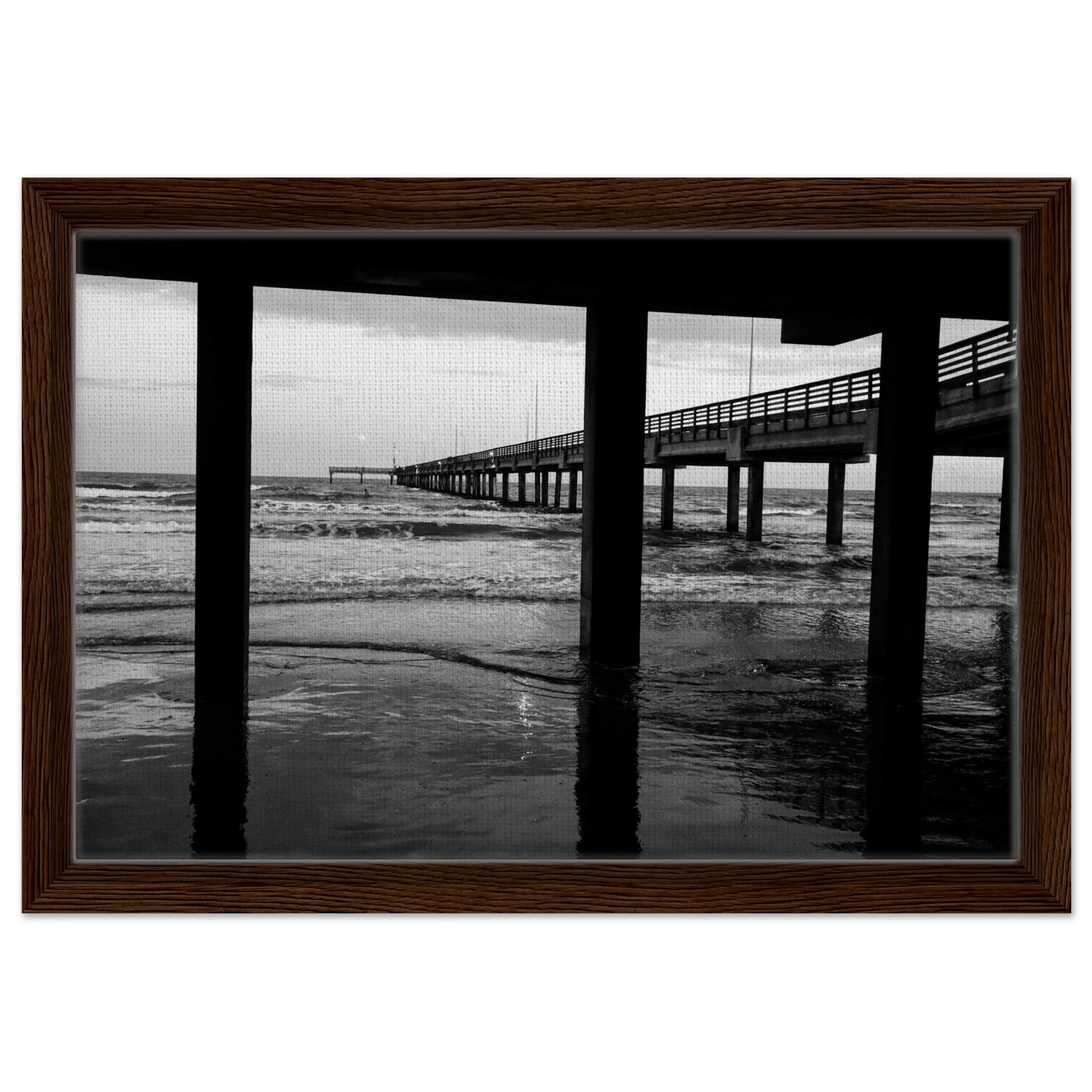 Columns of an Ocean Pier; Port Aransas, Texas Black & White Framed Framed Canvas Prints