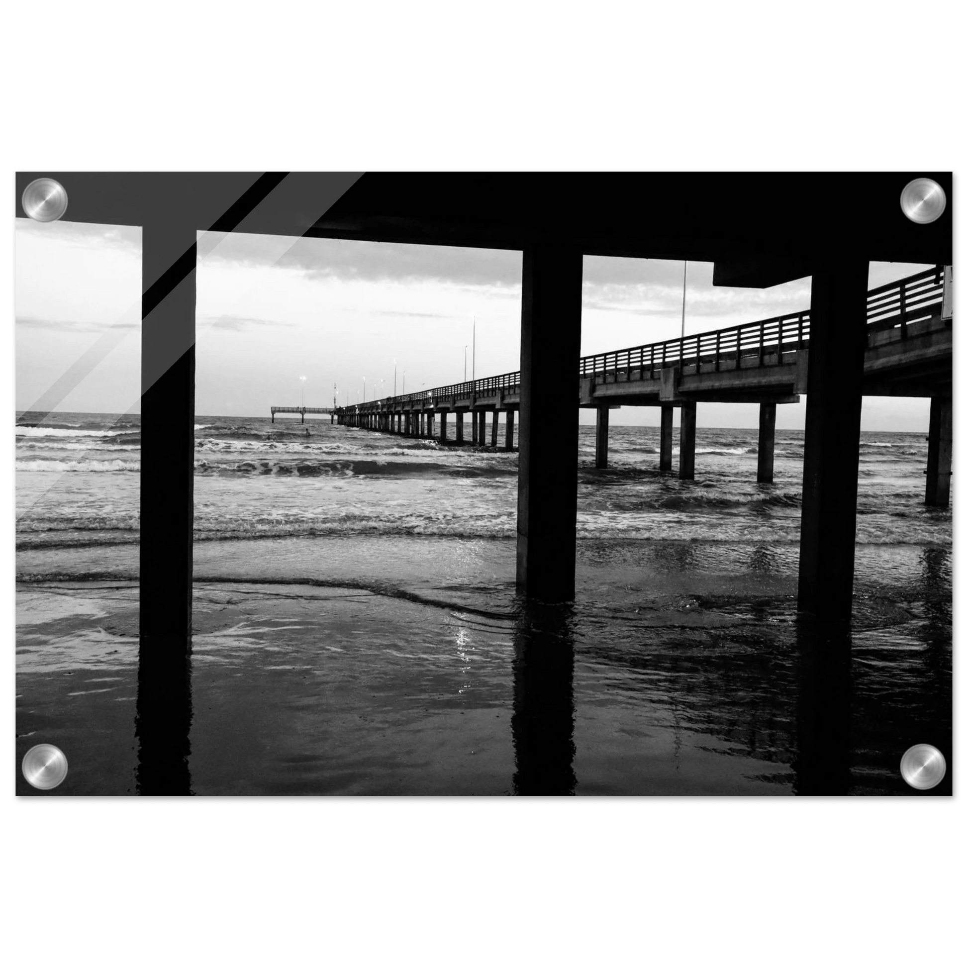 Columns of an Ocean Pier; Port Aransas, Texas Black & White Acrylic Prints
