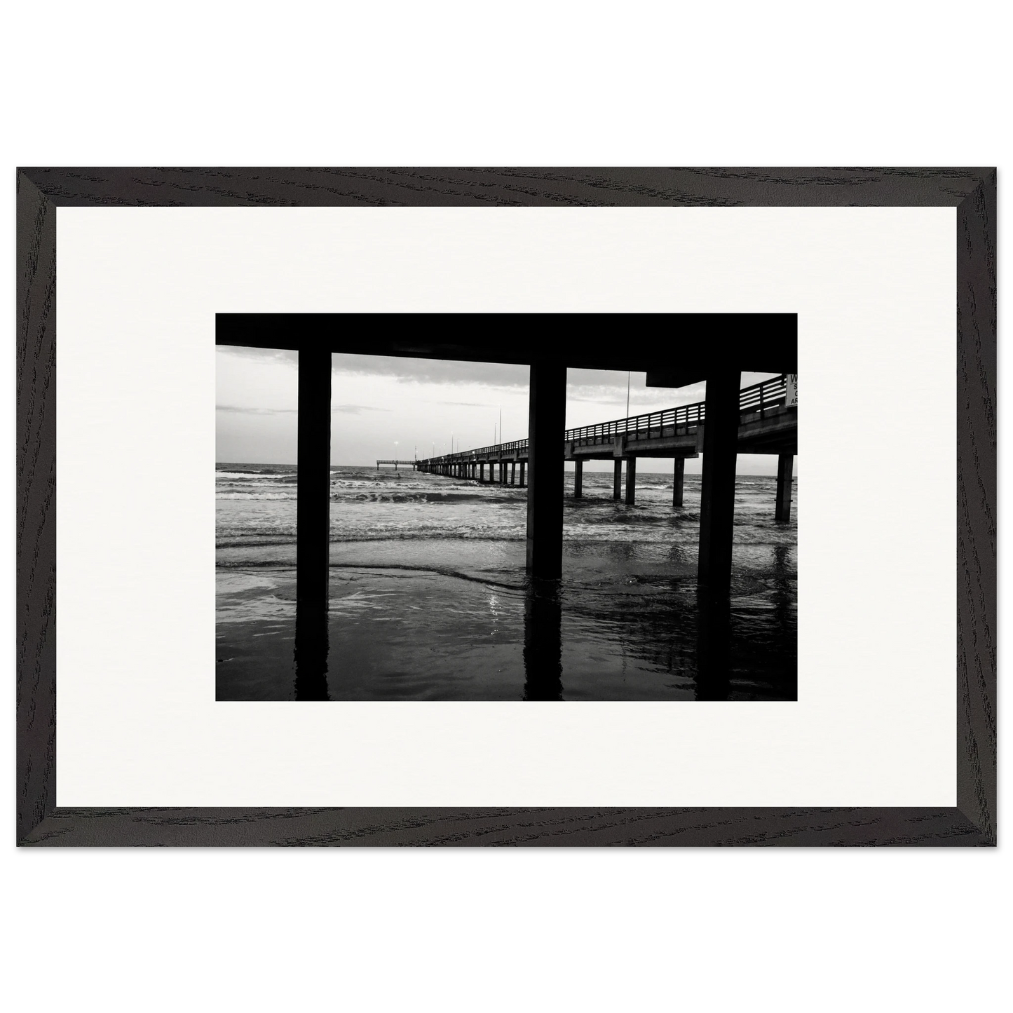 Columns of an Ocean Pier; Port Aransas, Texas Black & White Wooden Framed Prints