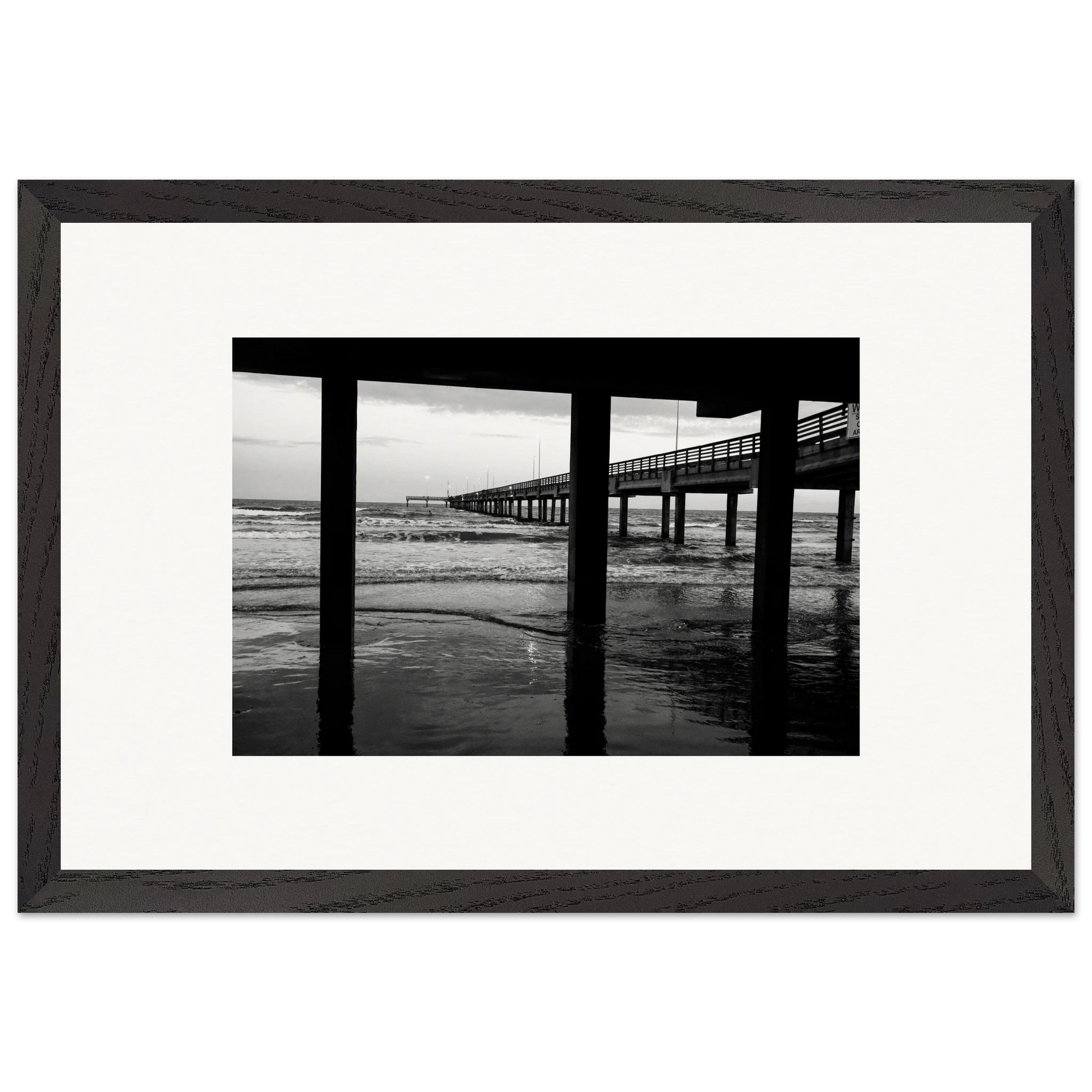Columns of an Ocean Pier; Port Aransas, Texas Black & White Wooden Framed Prints