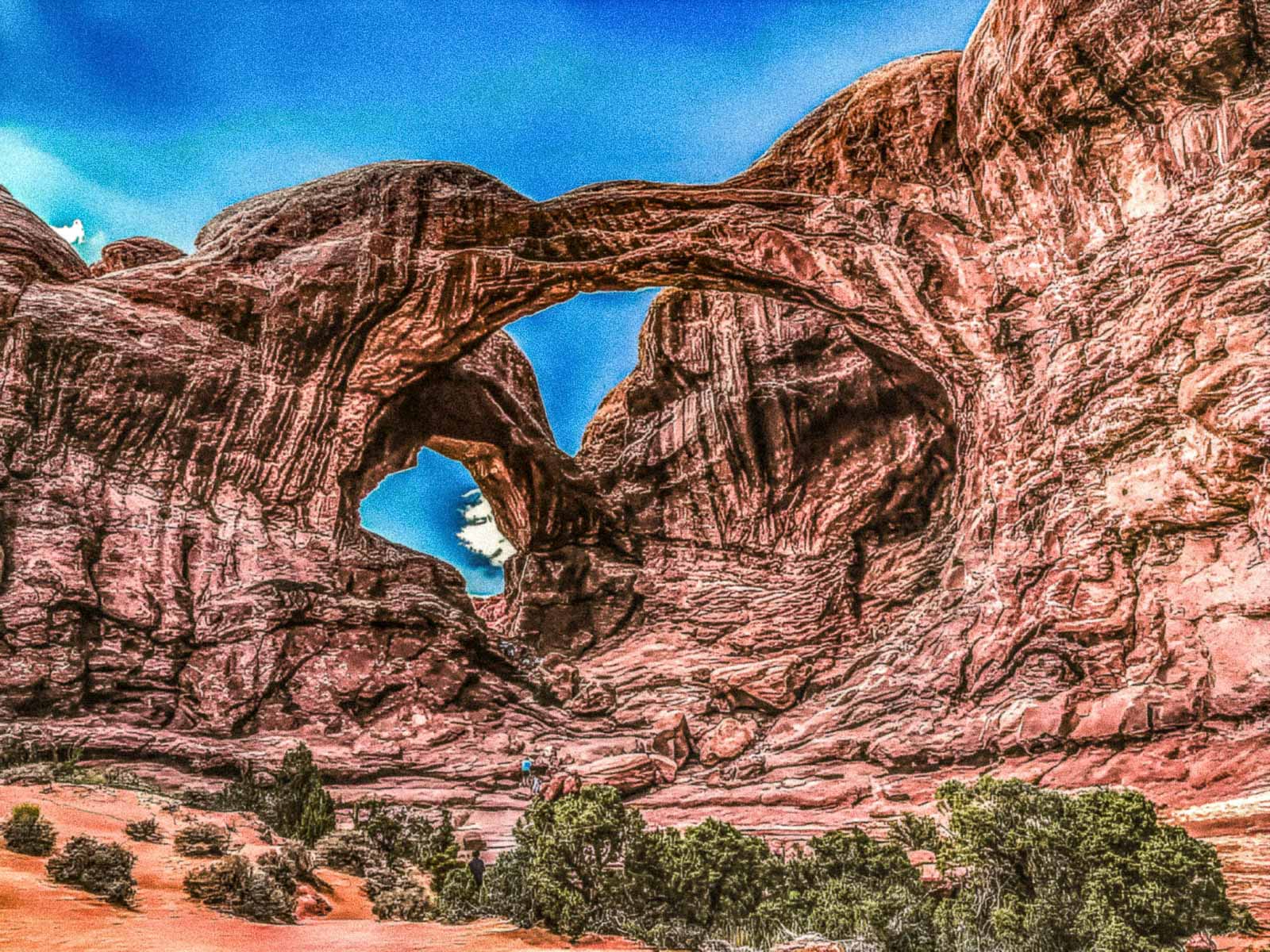 Double Arch natural rock formation in Arches National Park, Utah.