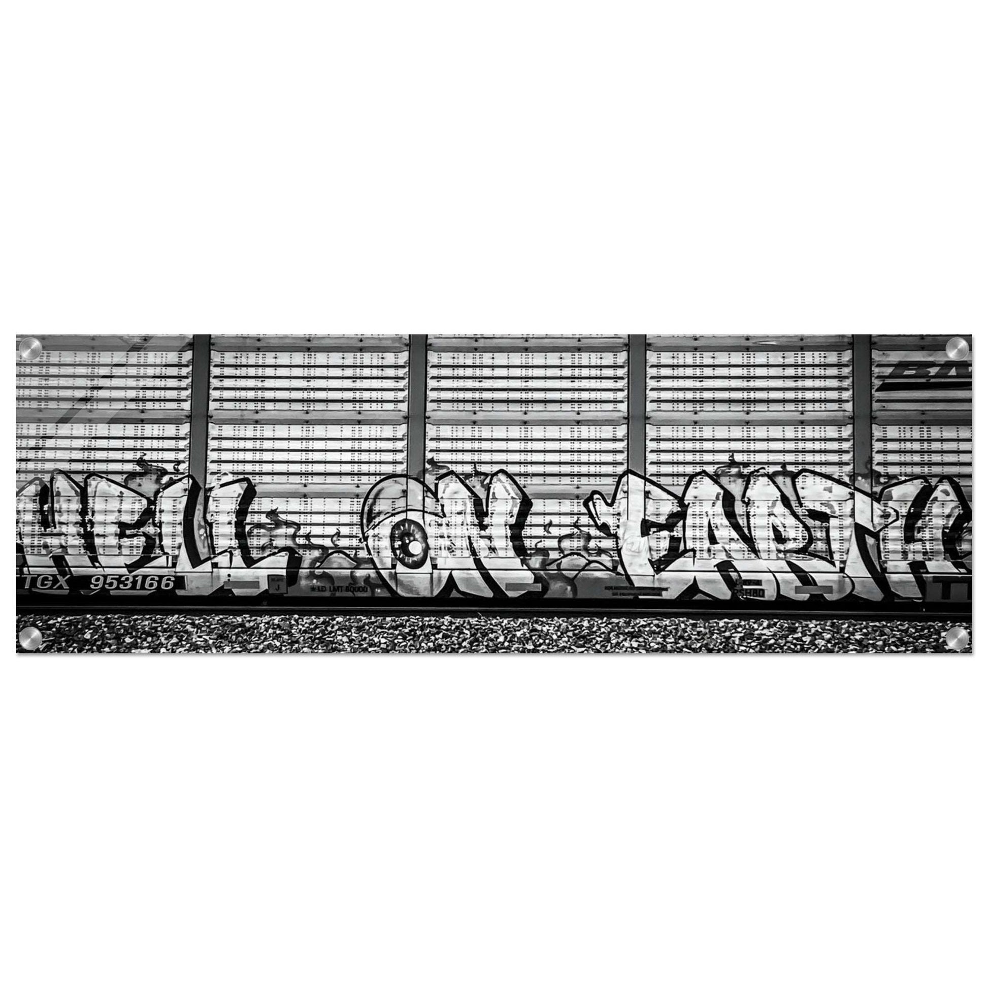 "Hell On Earth;" Train Car Graffiti, Livingston, Montana Acrylic Print Communitea Books James Bonner