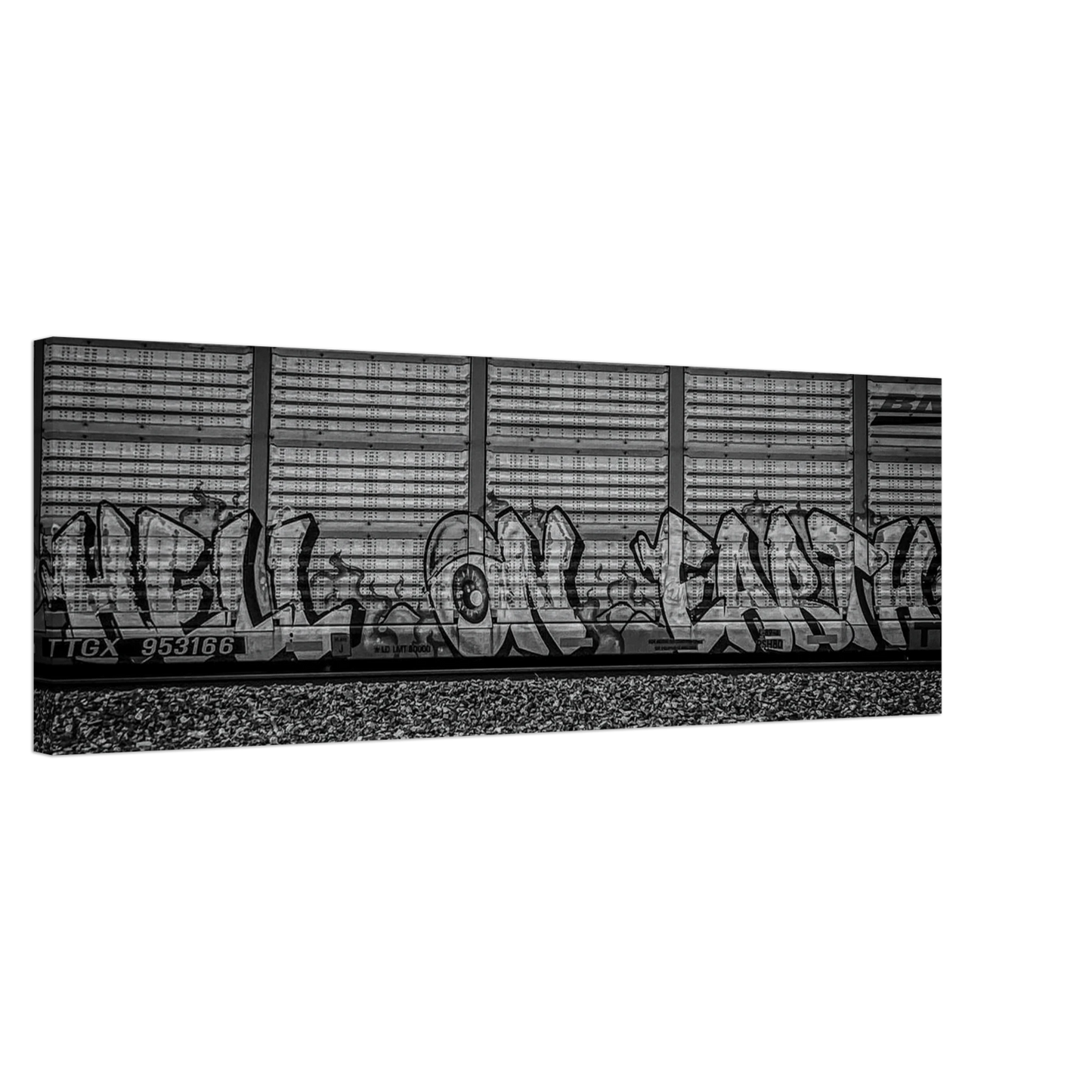 "Hell On Earth;" Train Car Graffiti, Livingston, Montana Black & White Canvas Prints