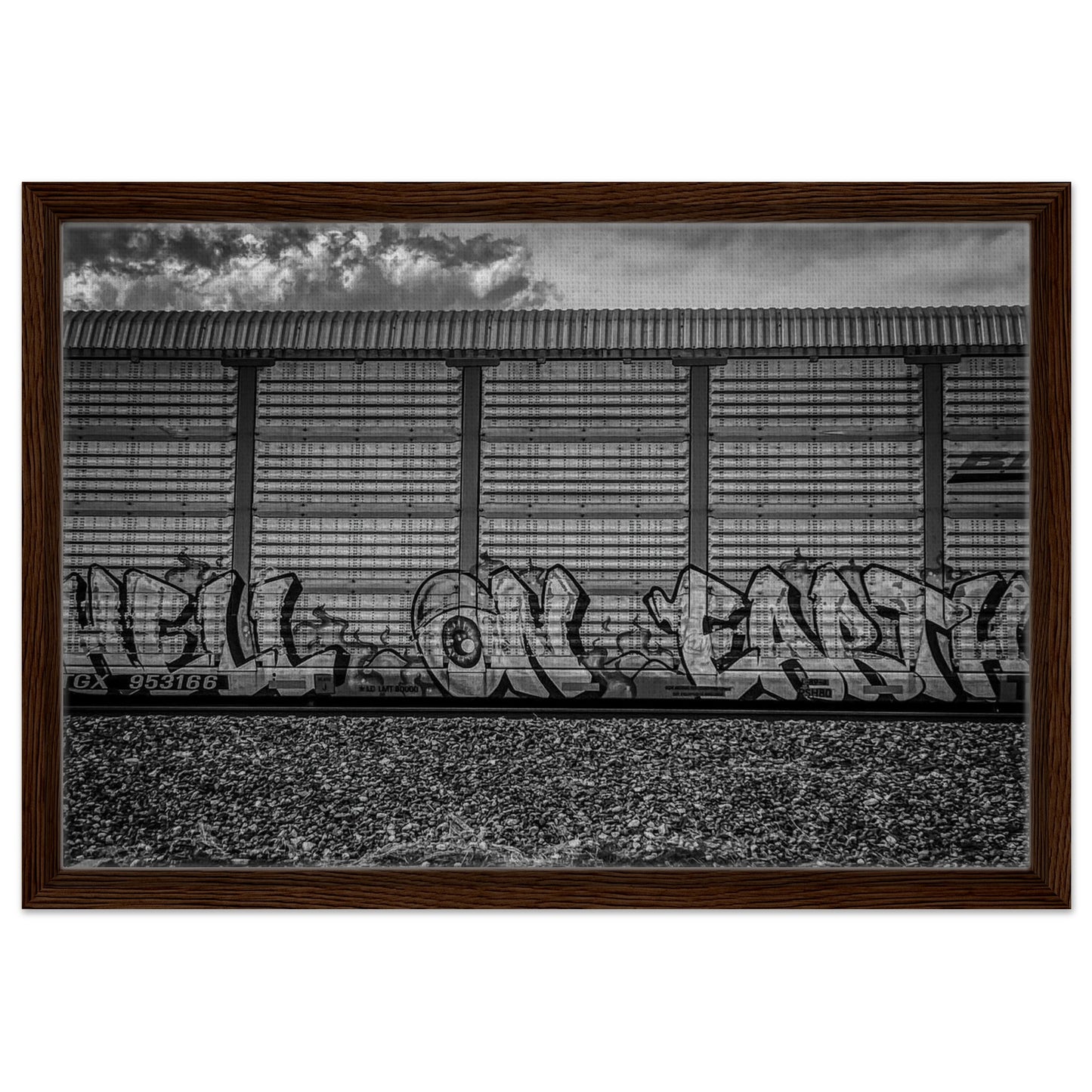 "Hell On Earth;" Train Car Graffiti, Livingston, Montana Black & White Framed Canvas Prints