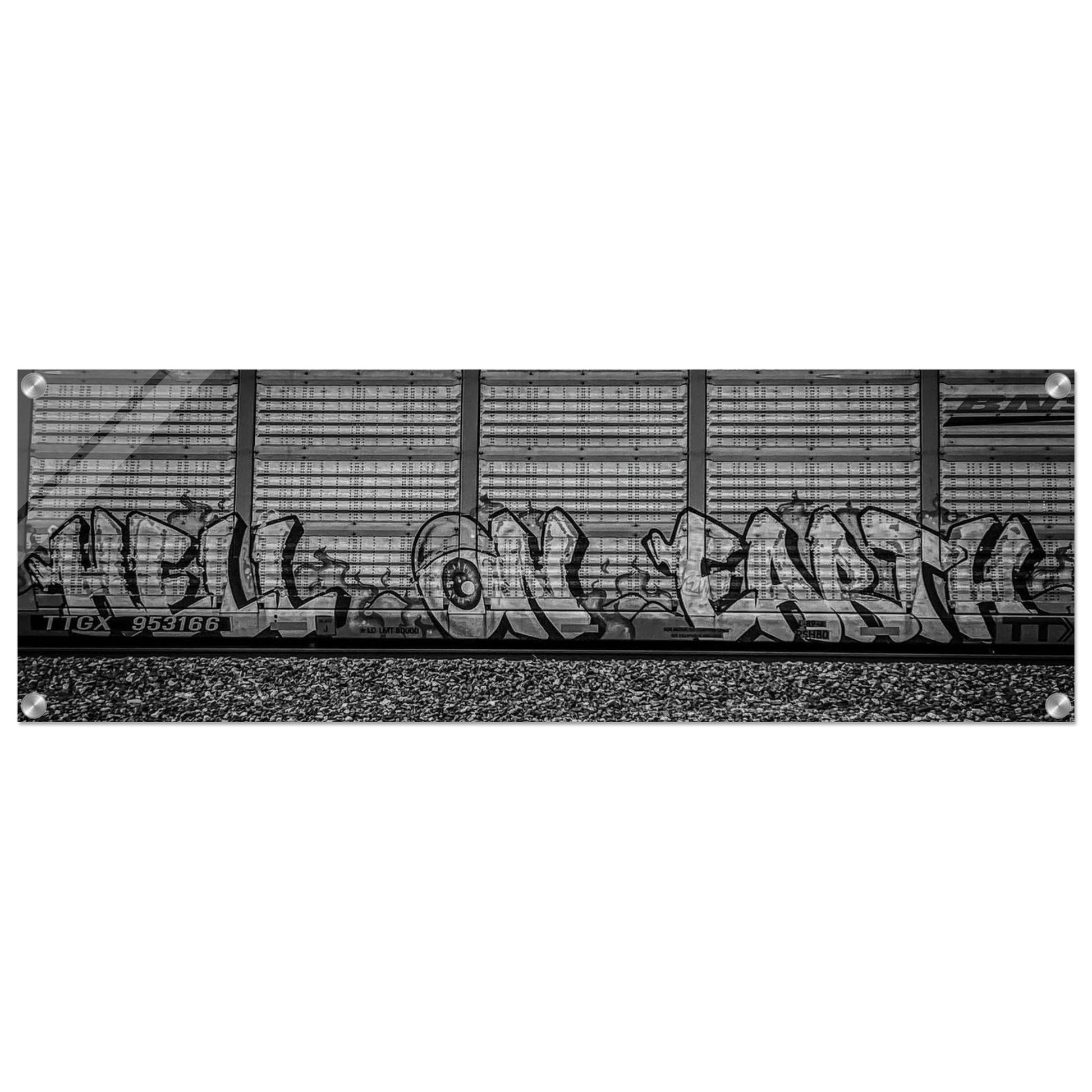 "Hell On Earth;" Train Car Graffiti, Livingston, Montana Black & White Acrylic Prints