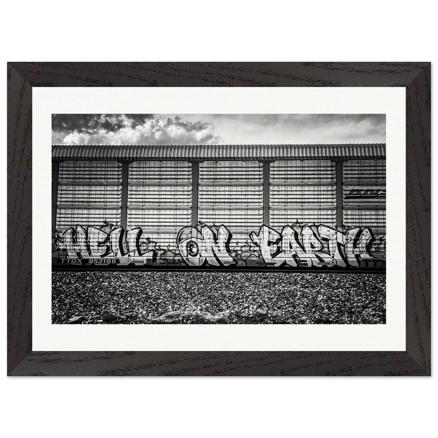 "Hell On Earth;" Train Car Graffiti, Livingston, Montana Black & White Wood Framed Print Communitea Books James Bonner