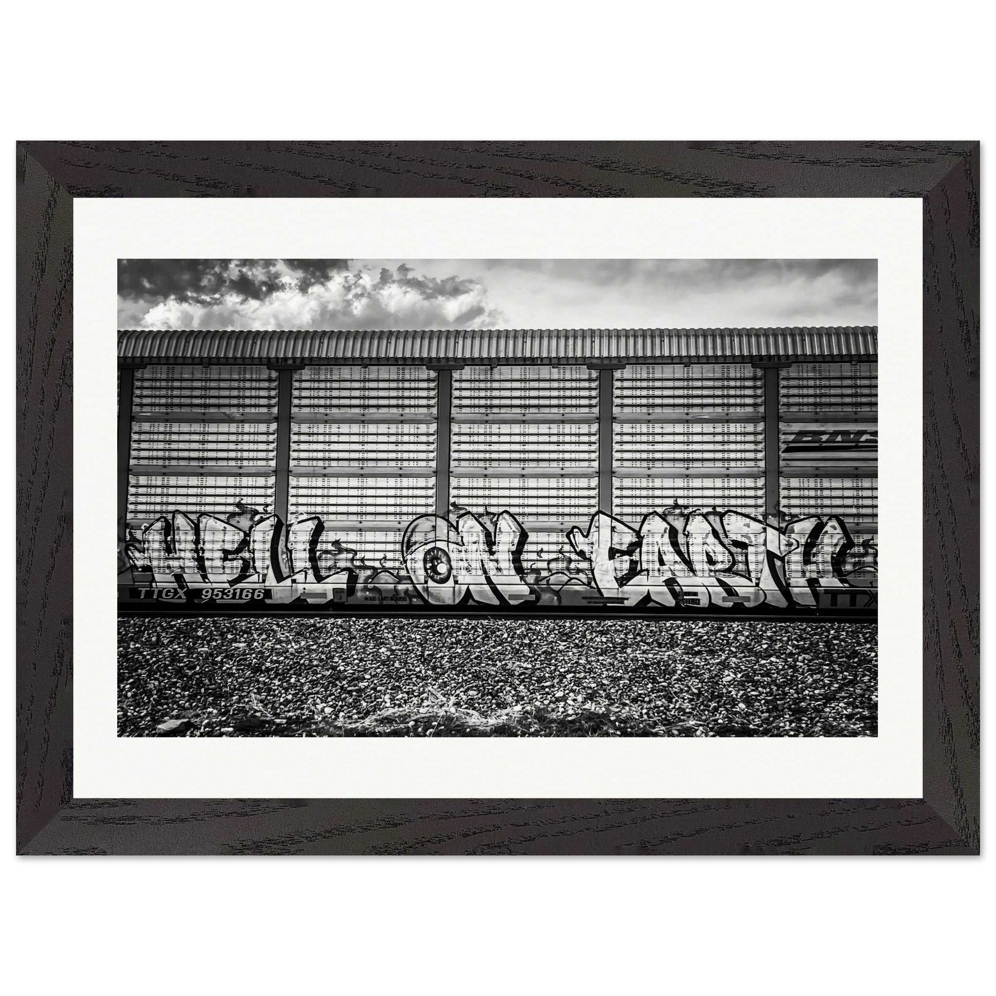 "Hell On Earth;" Train Car Graffiti, Livingston, Montana Black & White Wood Framed Print Communitea Books James Bonner