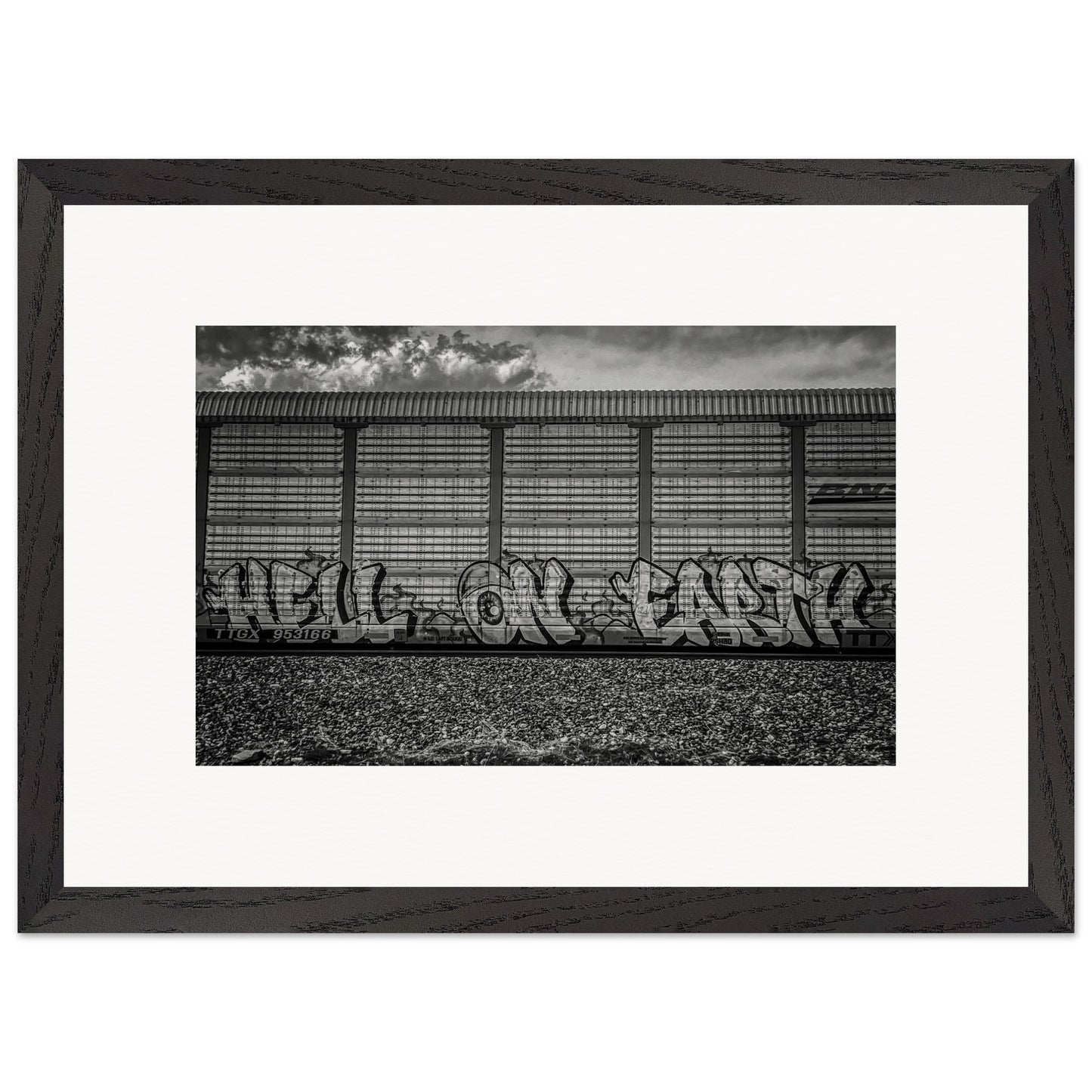 "Hell On Earth;" Train Car Graffiti, Livingston, Montana Black & White Wooden Framed