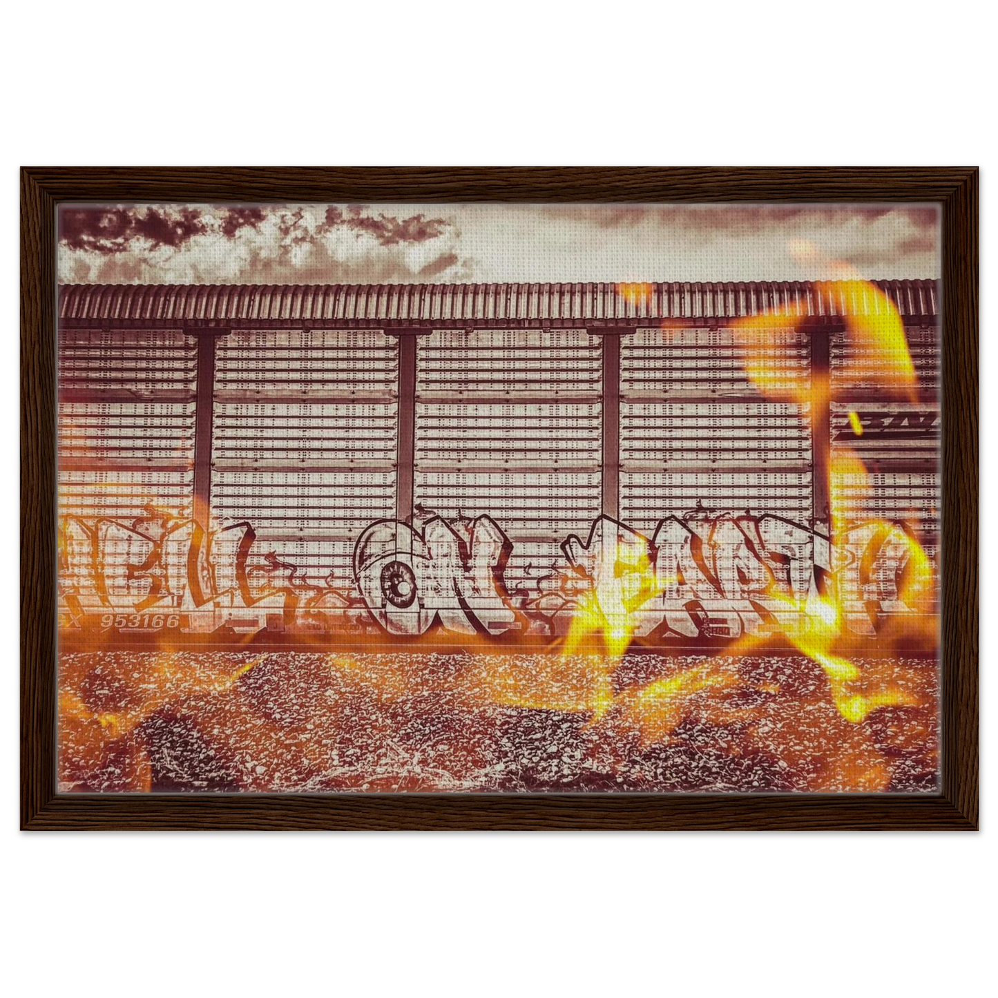"Hell on Earth" w/ Fire; Train Car Graffiti, Livingston, Montana Framed Canvas Prints