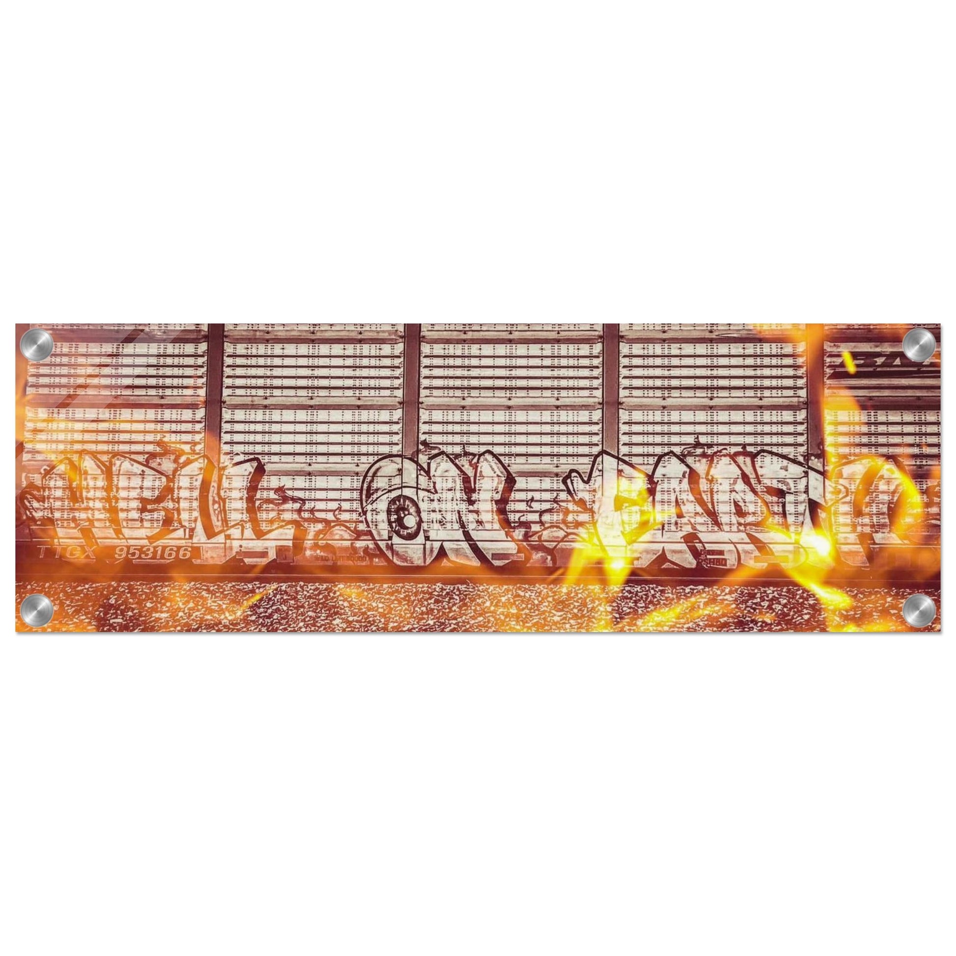 "Hell on Earth" w/ Fire; Train Car Graffiti, Livingston, Montana Acrylic Prints