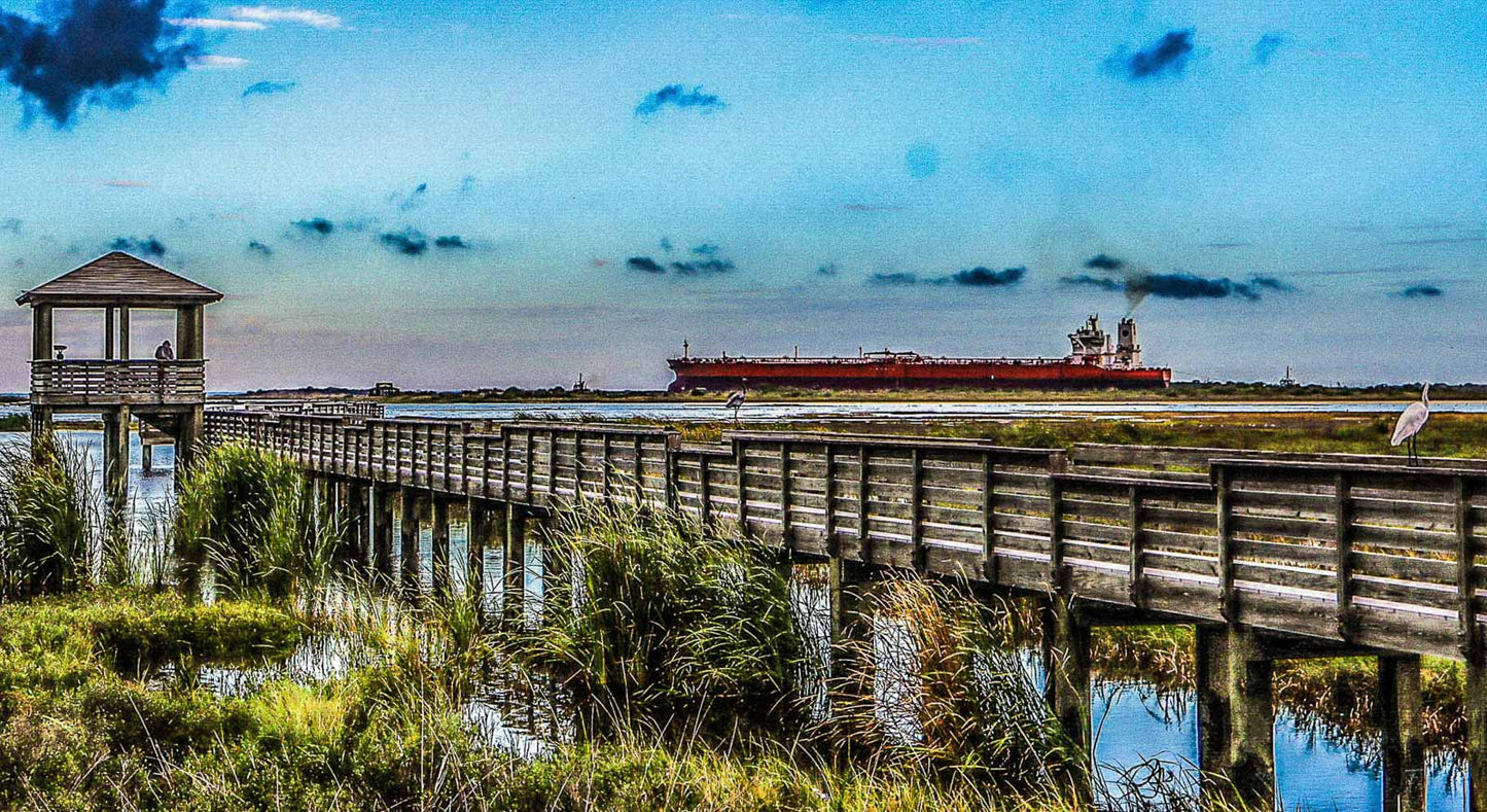 Wooden pier extending into a body of water with a distant cargo ship and blue sky.