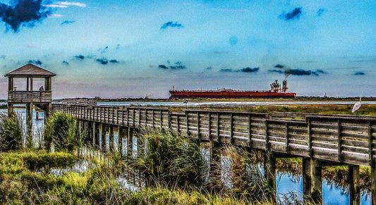Wooden pier extending into a body of water with a distant cargo ship and blue sky.