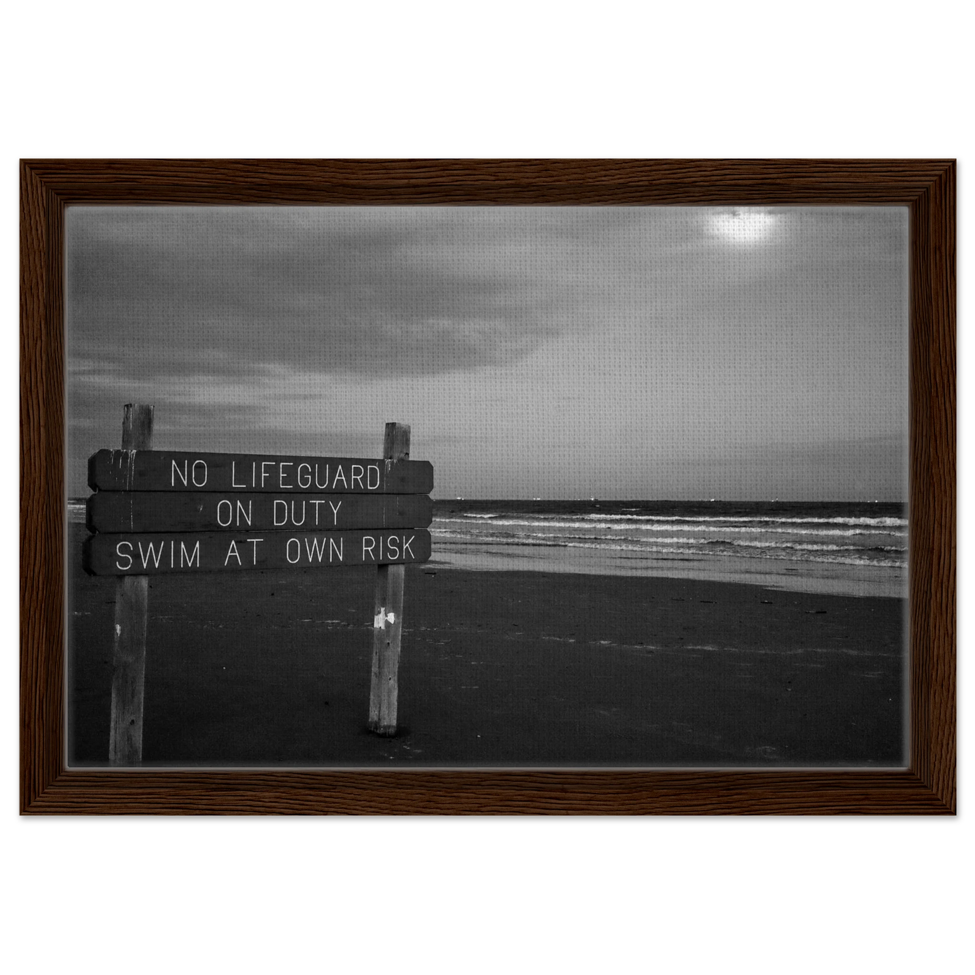 "No Lifeguard On Duty;" Port Aransas, Texas Black & White Framed Canvas Prints