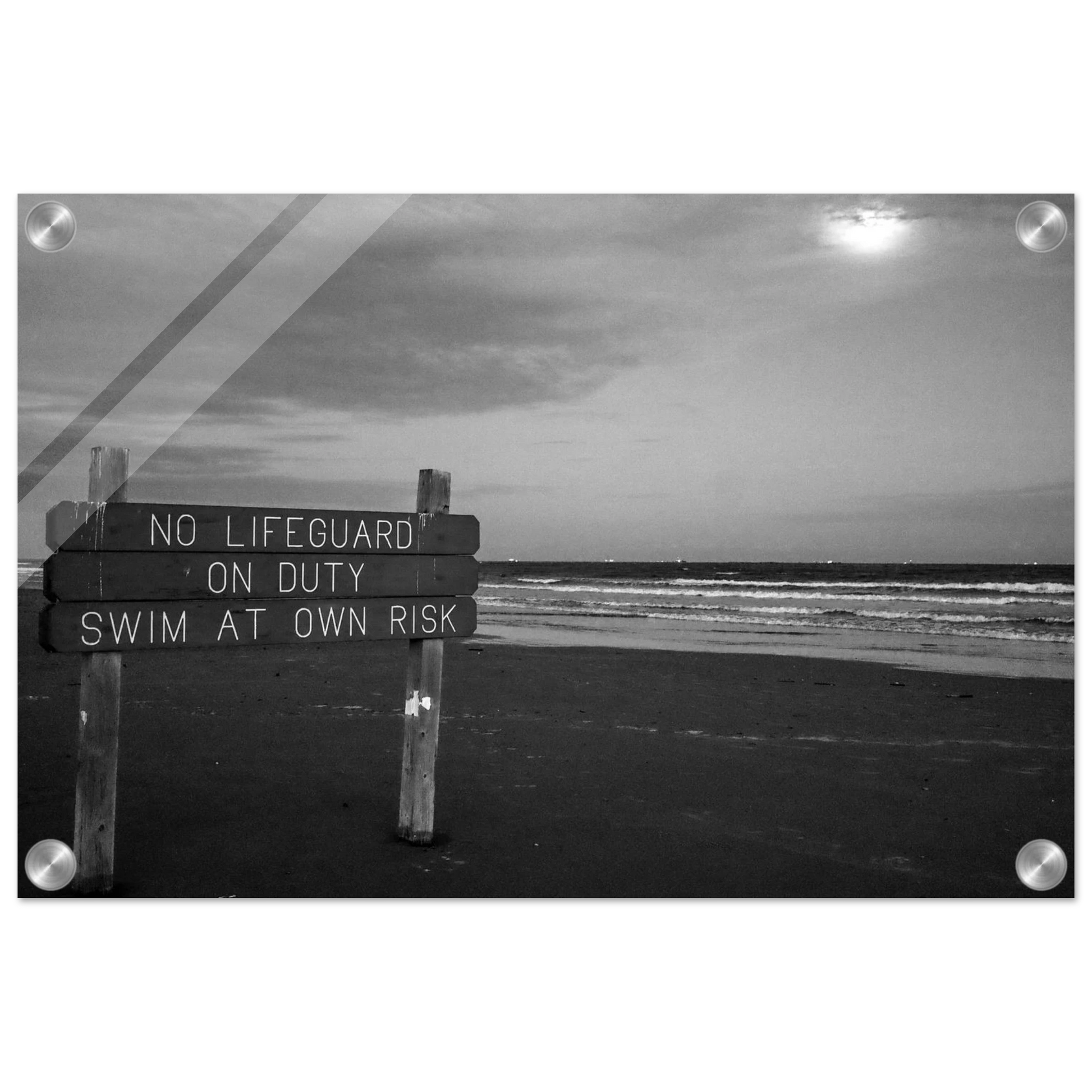 "No Lifeguard On Duty;" Port Aransas, Texas Black & White Acrylic Prints