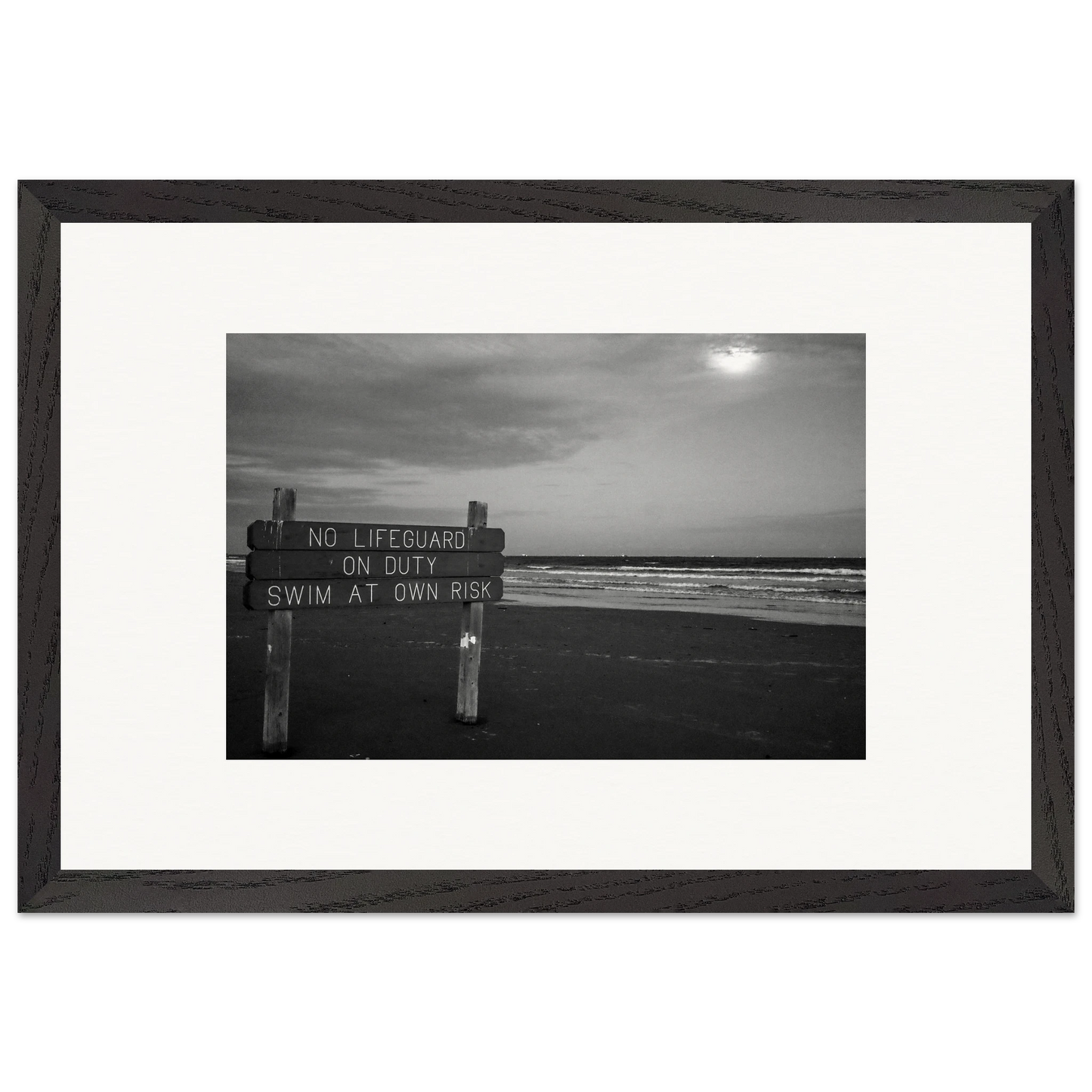 "No Lifeguard On Duty;" Port Aransas, Texas Black & White Wooden Framed Prints