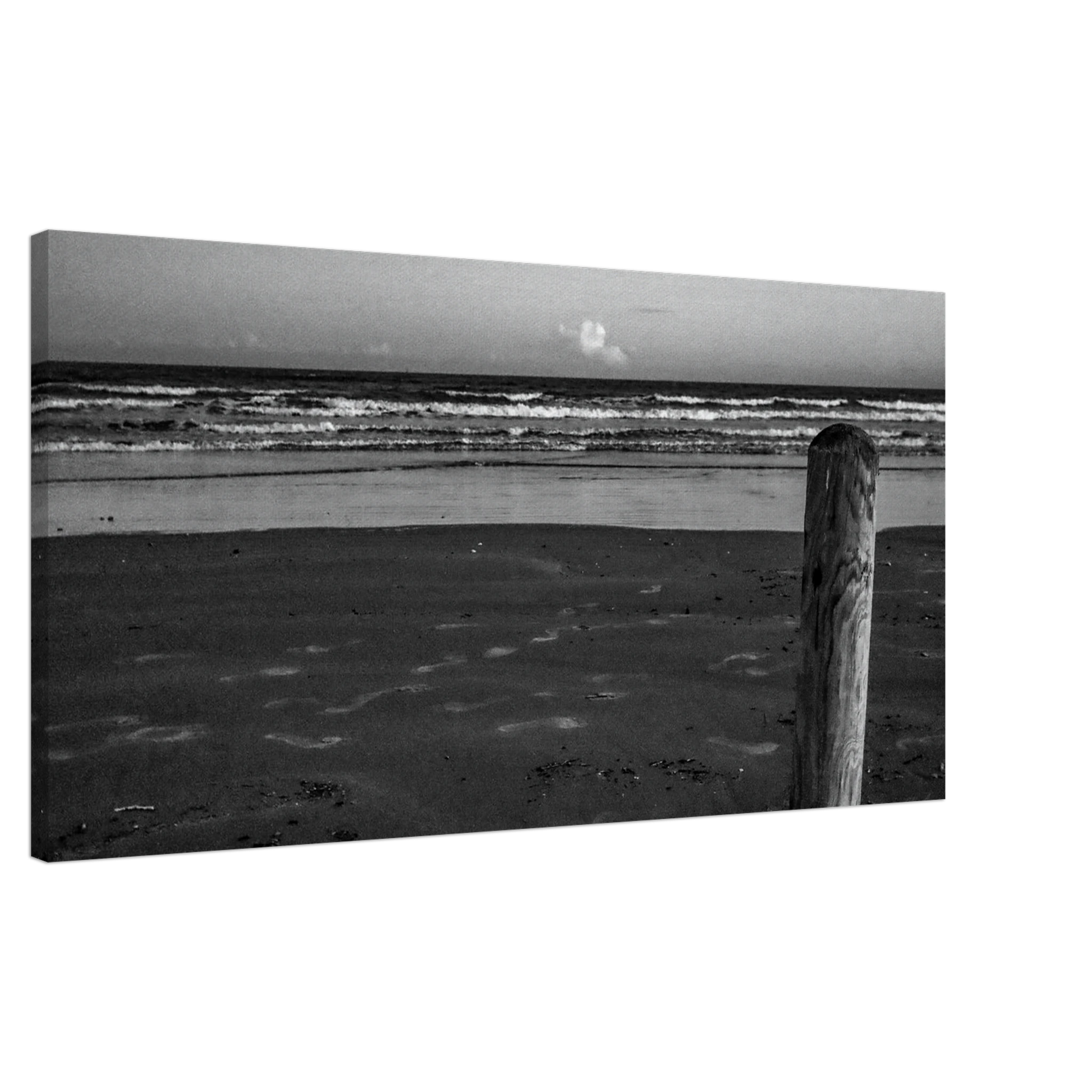 Ocean Beach W/ Wooden Post; Port Aransas, Texas Black & White Canvas Prints