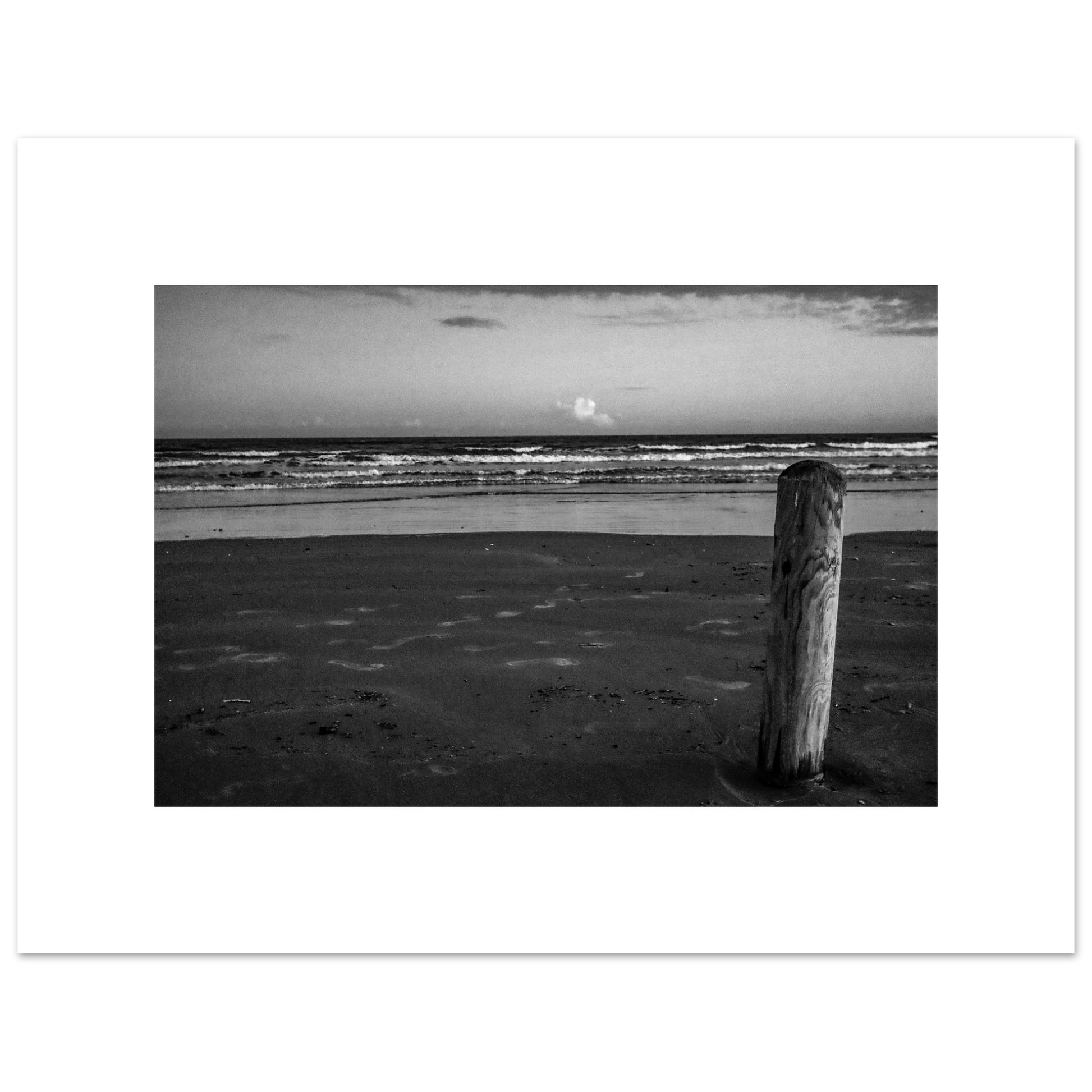 Ocean Beach W/ Wooden Post; Port Aransas, Texas Black & White Fine Art Prints