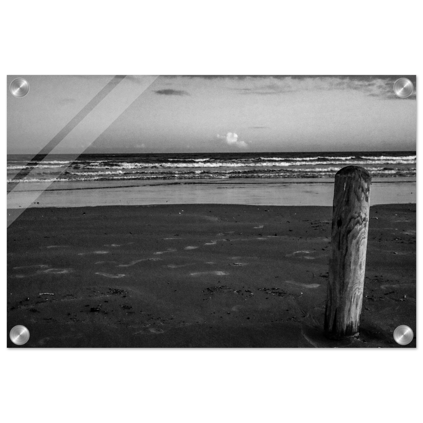 Ocean Beach W/ Wooden Post; Port Aransas, Texas Black & White Acrylic Prints