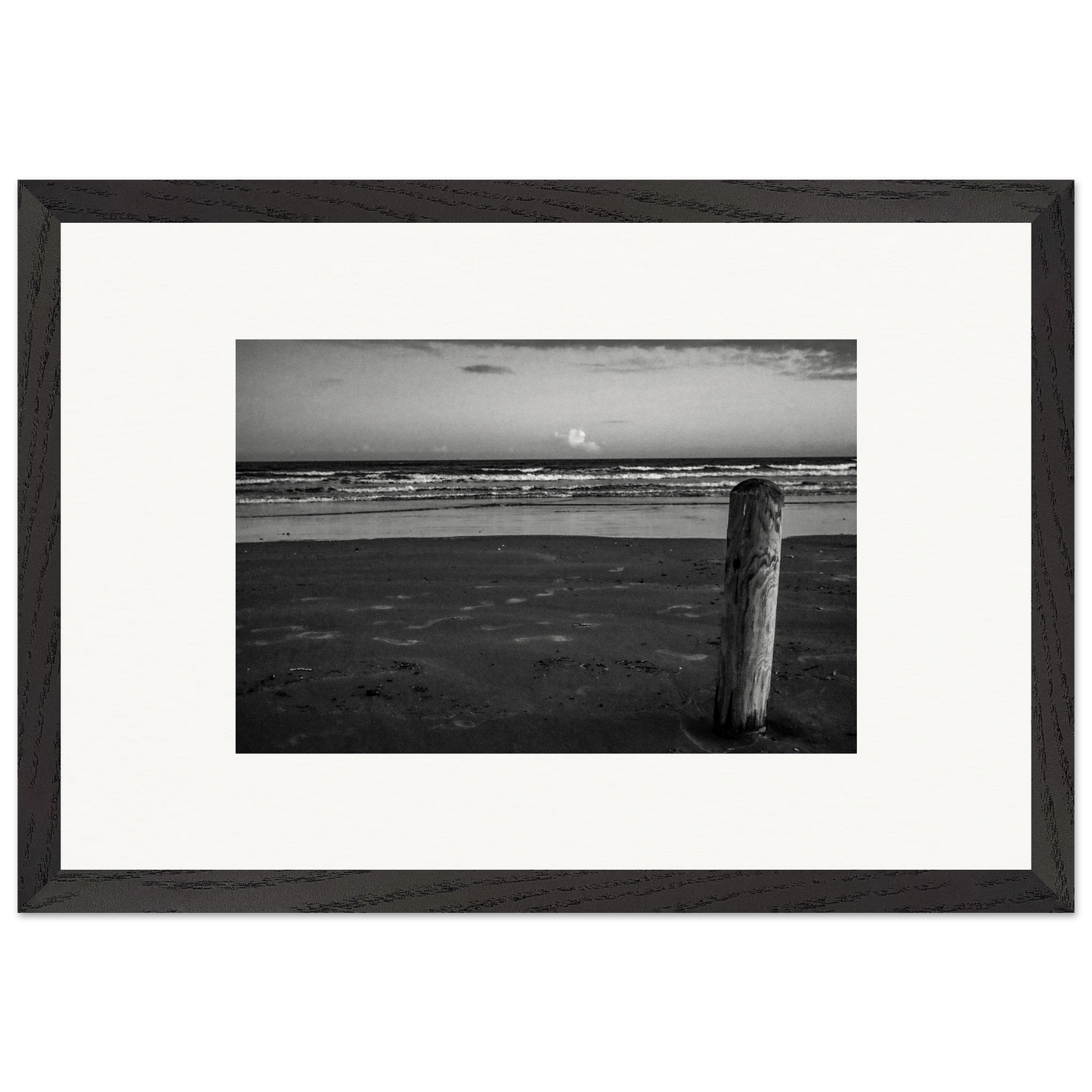 Ocean Beach W/ Wooden Post; Port Aransas, Texas Black & White Wooden Framed Prints