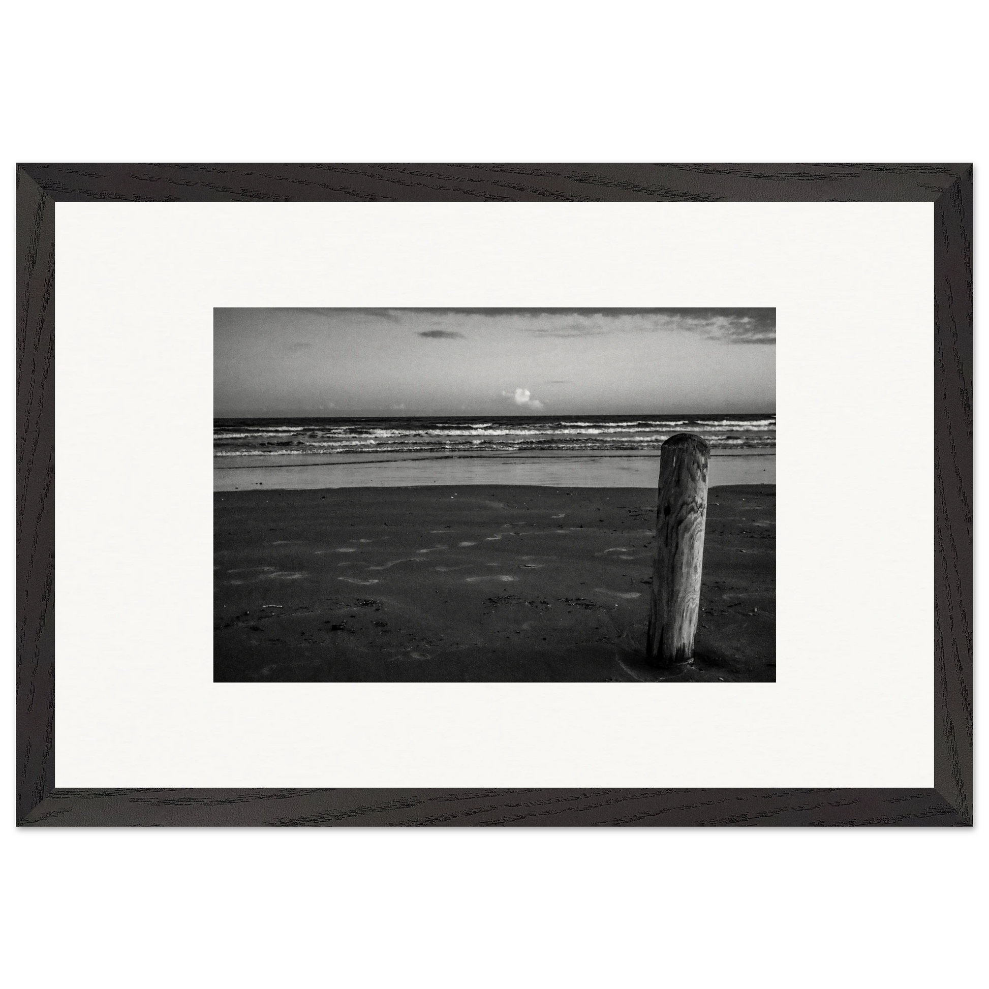 Ocean Beach W/ Wooden Post; Port Aransas, Texas Black & White Wooden Framed Prints
