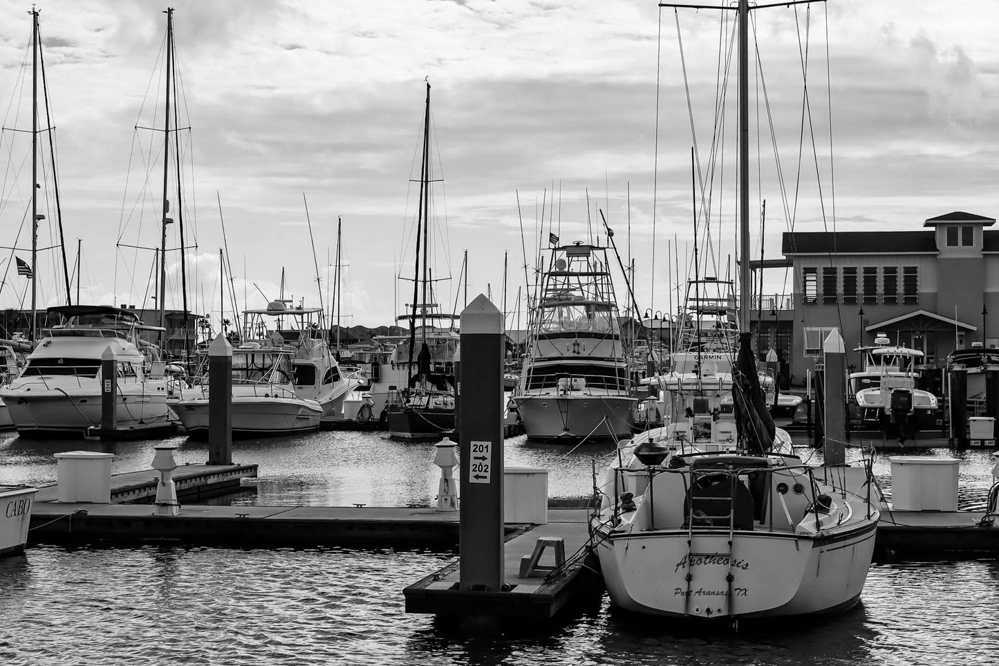 Marina with boats docked under a cloudy sky
