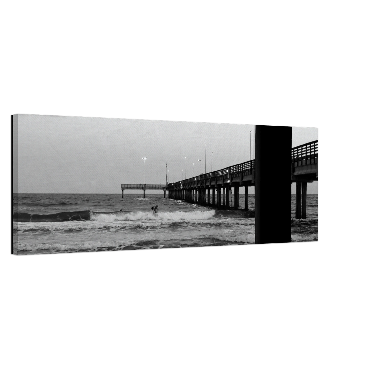Surfing & Pier W/ Illuminated Lights; Port Aransas, Texas Black & White Canvas Prints