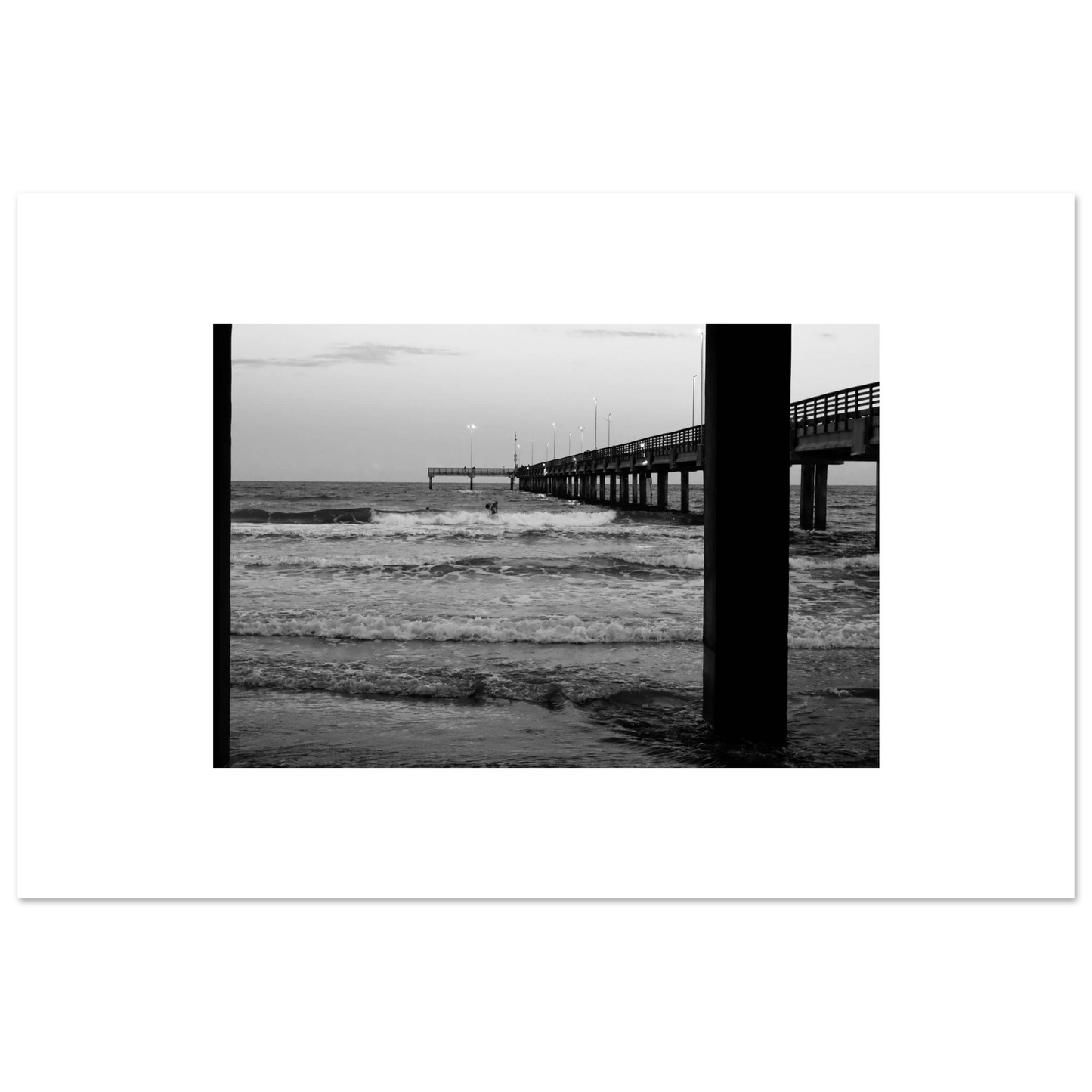 Surfing & Pier W/ Illuminated Lights; Port Aransas, Texas Black & White Fine Art Prints