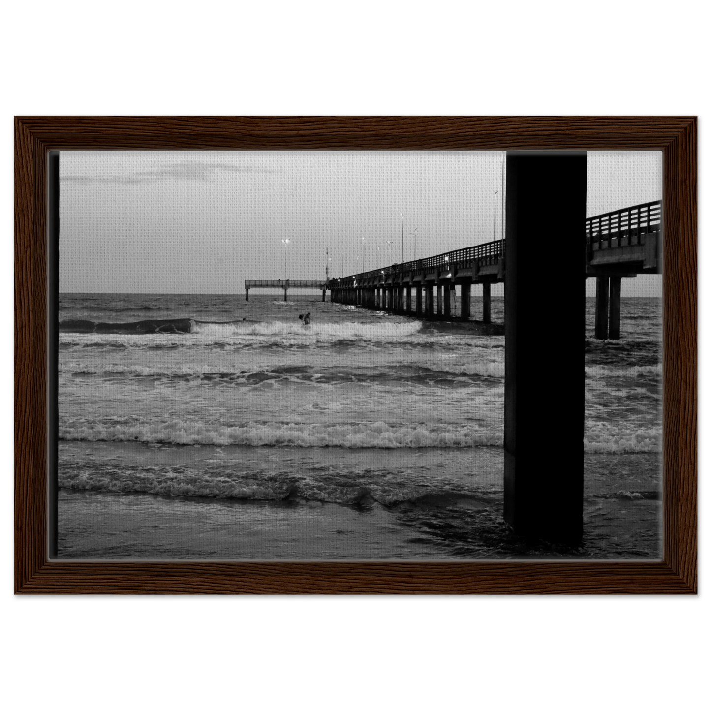 Surfing & Pier W/ Illuminated Lights; Port Aransas, Texas Black & White Framed Canvas Prints