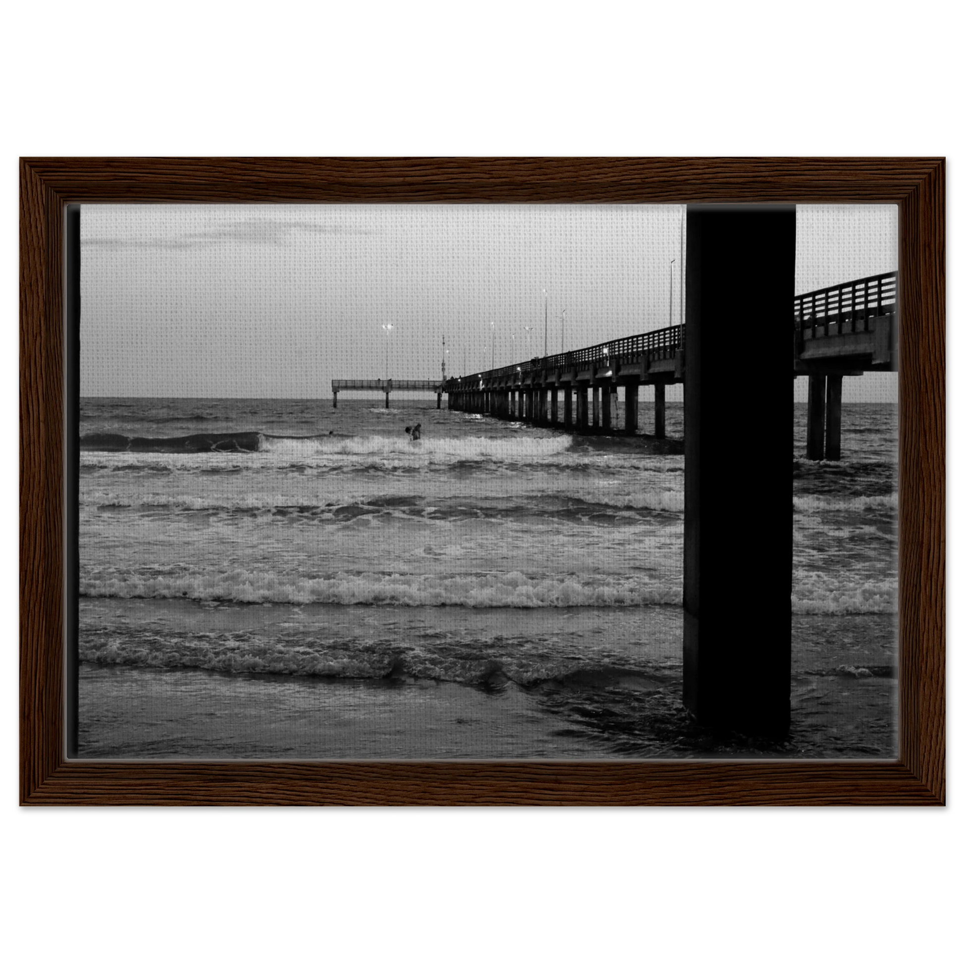 Surfing & Pier W/ Illuminated Lights; Port Aransas, Texas Black & White Framed Canvas Prints