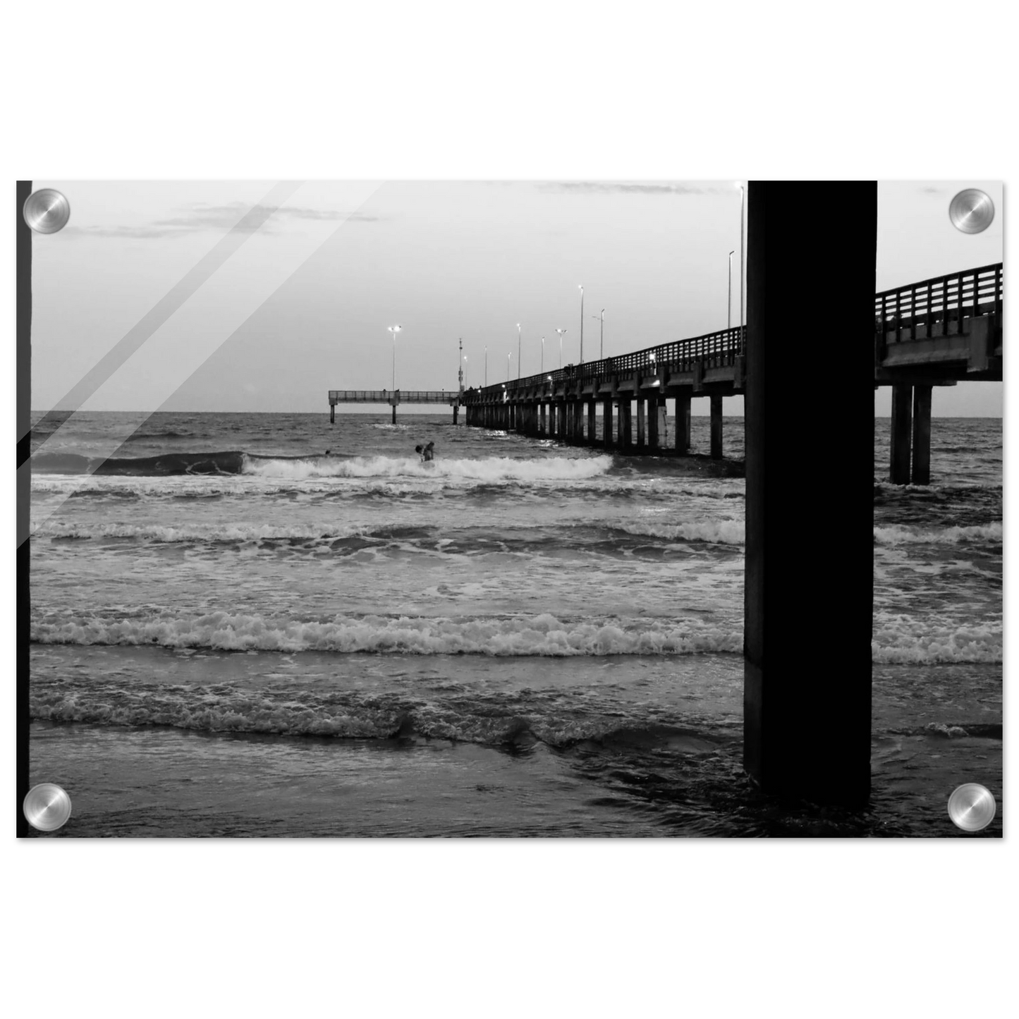 Surfing & Pier W/ Illuminated Lights; Port Aransas, Texas Black & White Prints