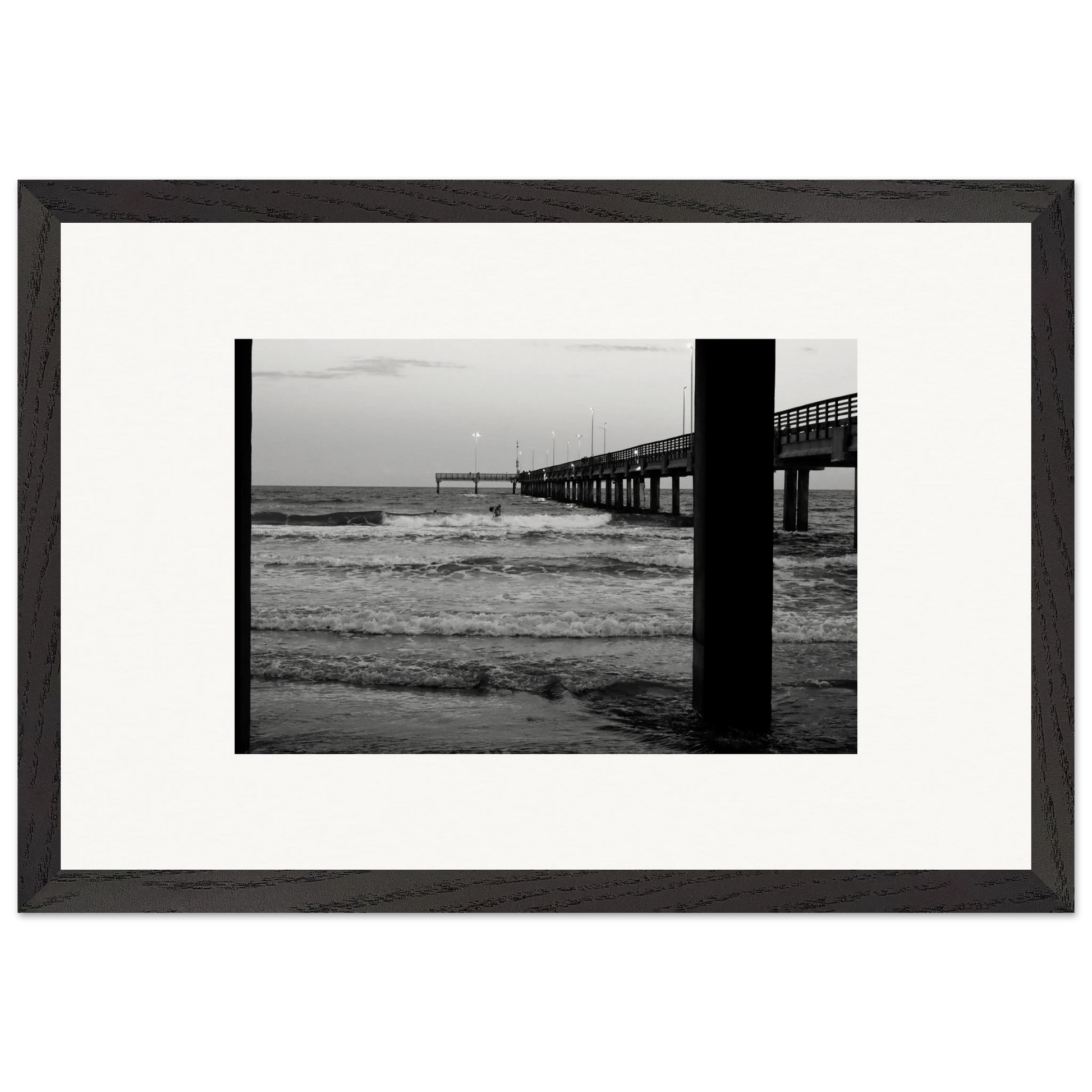 Surfing & Pier W/ Illuminated Lights; Port Aransas, Texas Black & White Wooden Framed Prints