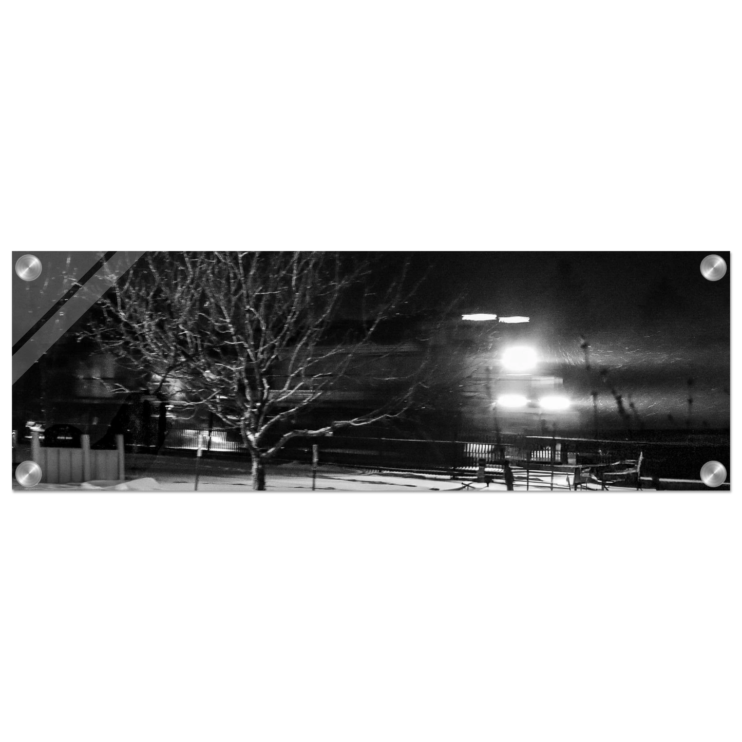 Train Passes a Wintery Park; Livingston, Montana Black & White Acrylic Wide Prints