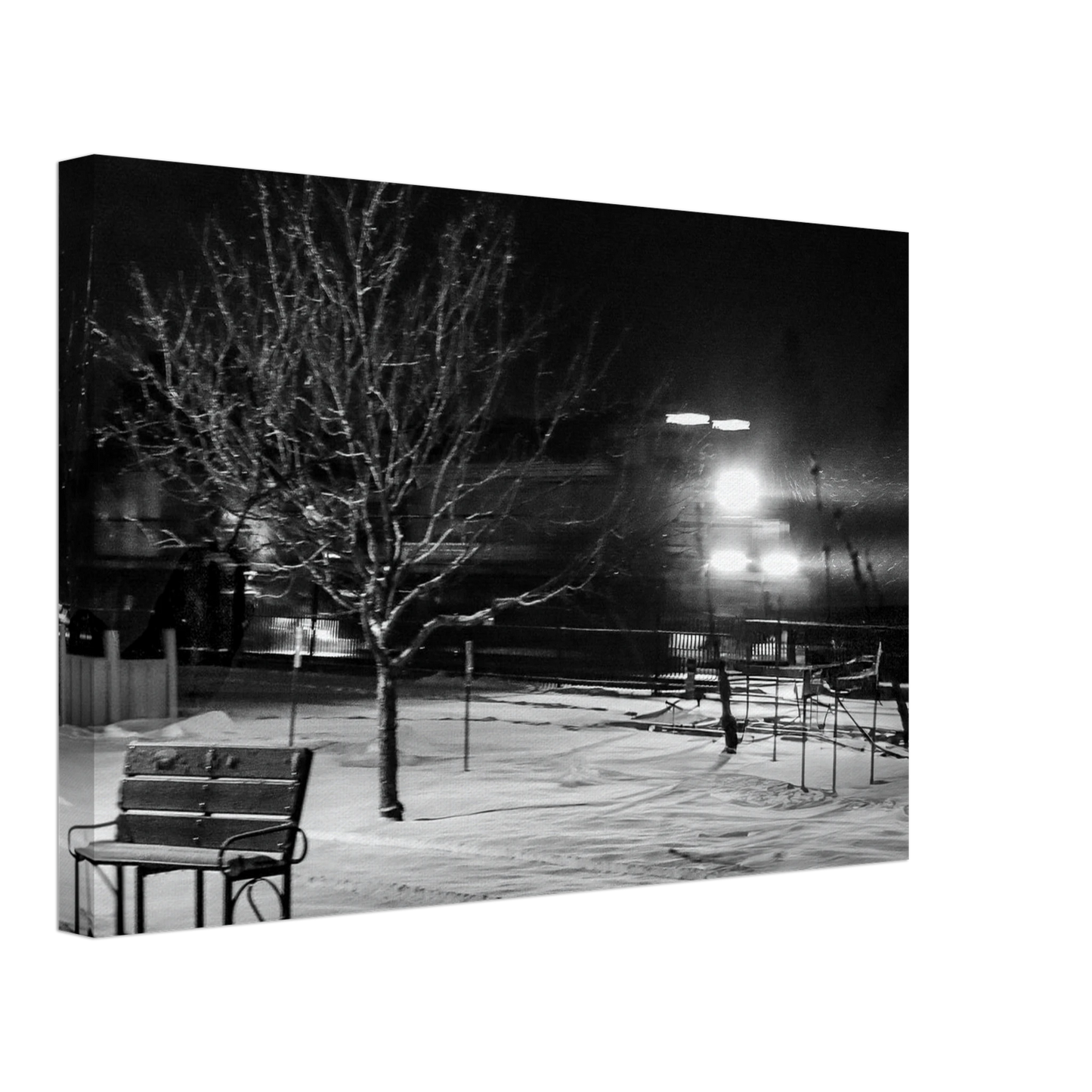 Train Passes a Wintery Park; Livingston, Montana Black & White Canvas Prints
