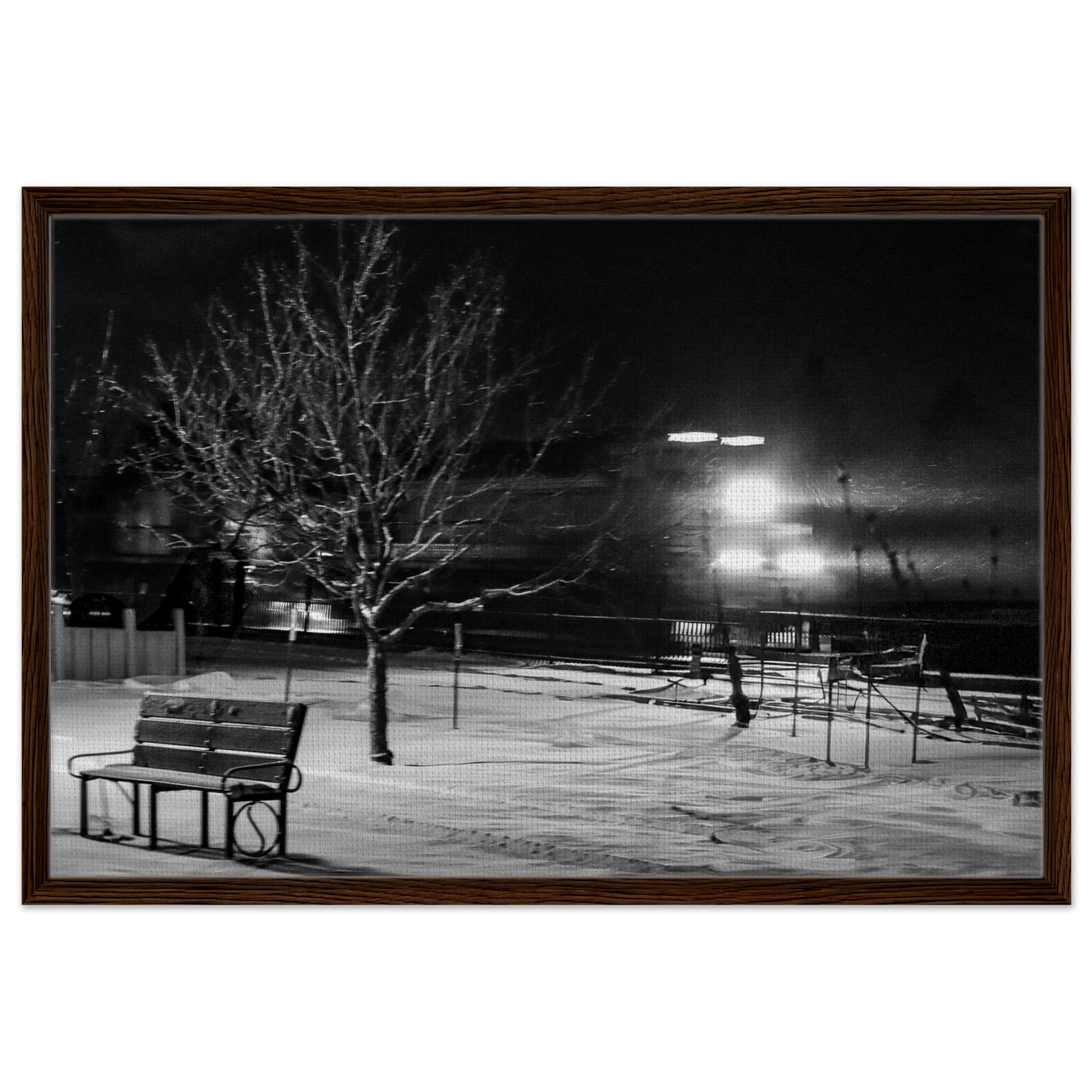 Train Passes a Wintery Park; Livingston, Montana Black & White Framed Canvas Prints