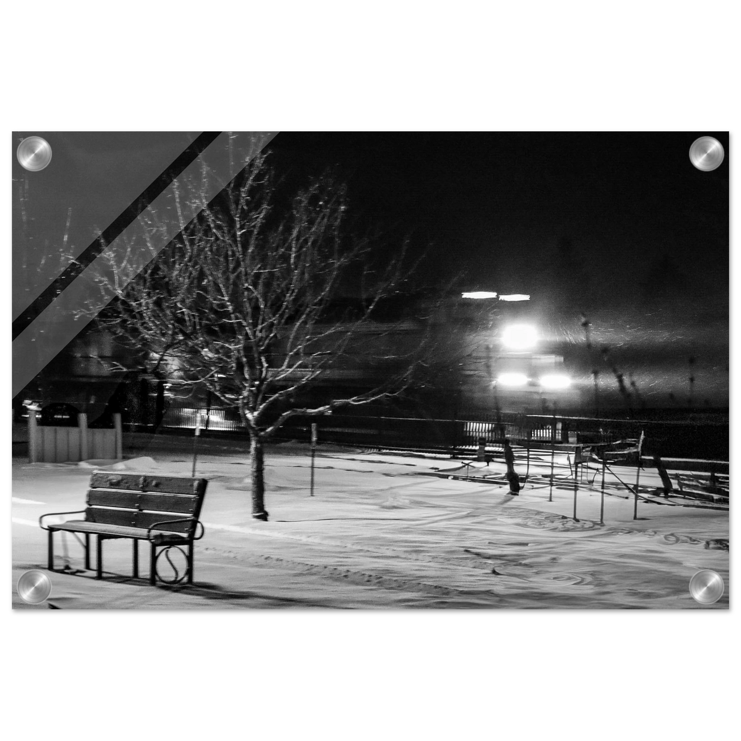 Train Passes a Wintery Park; Livingston, Montana Black & White Acrylic Prints