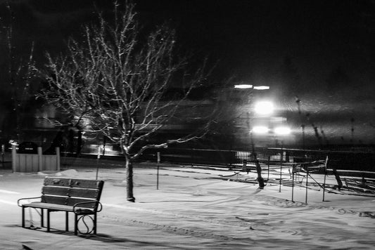 Snowy park scene with a passing train, a bench, and bare tree at night.